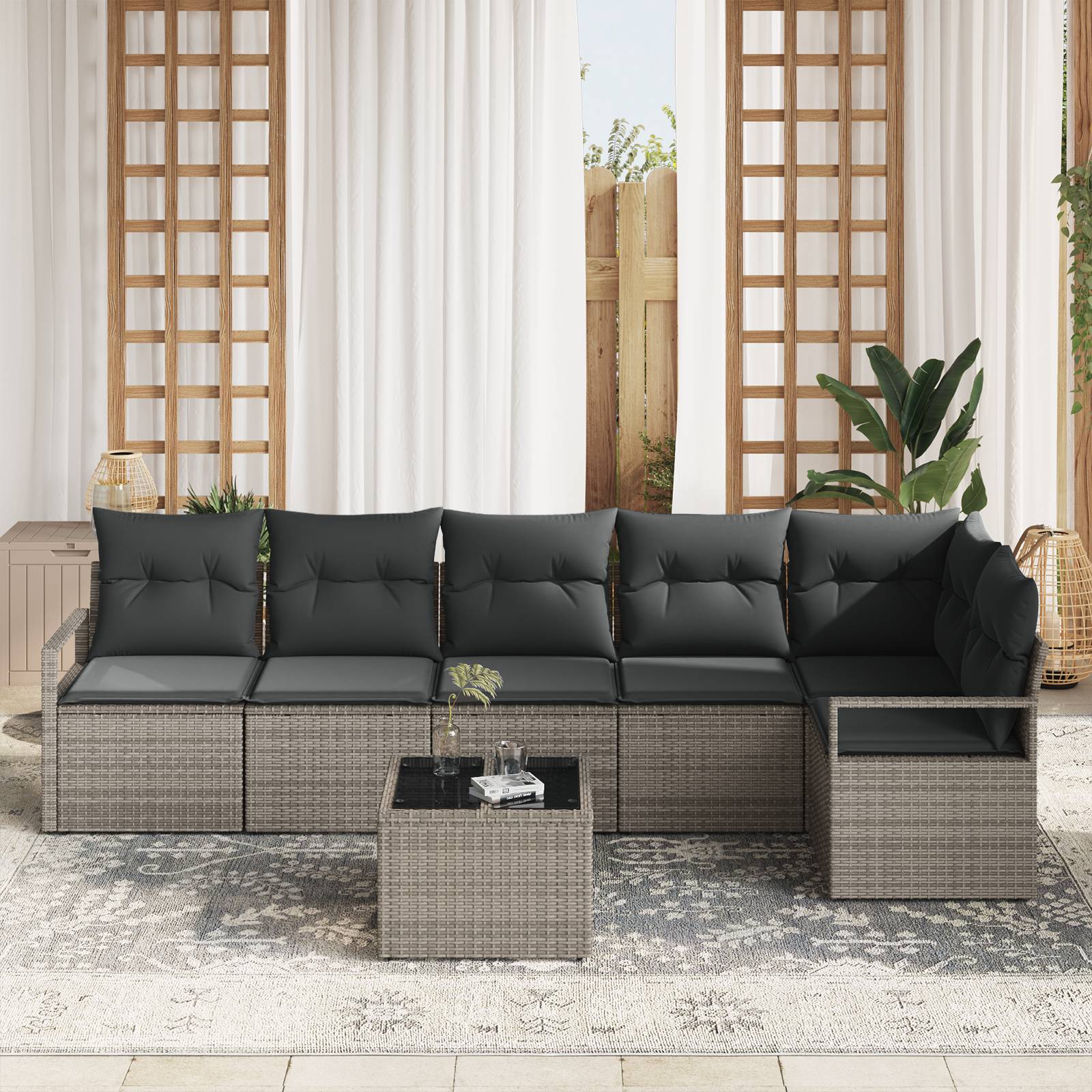 vidaXL 6-tlg. Garten-Sofagarnitur mit Kissen Schwarz Poly Rattan