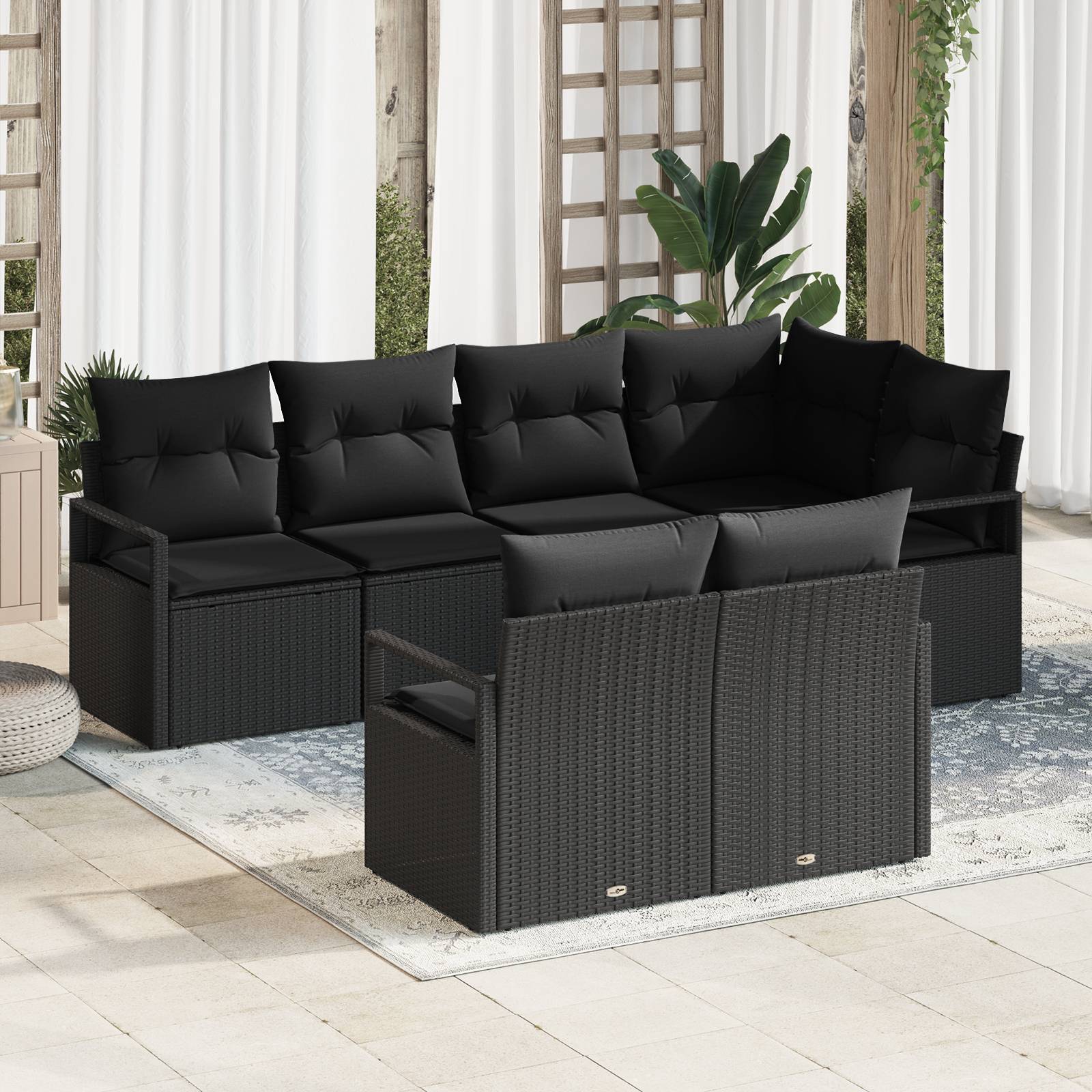 vidaXL 7-teiliges Gartensofa-Set mit Kissen Schwarz Poly-Rattan