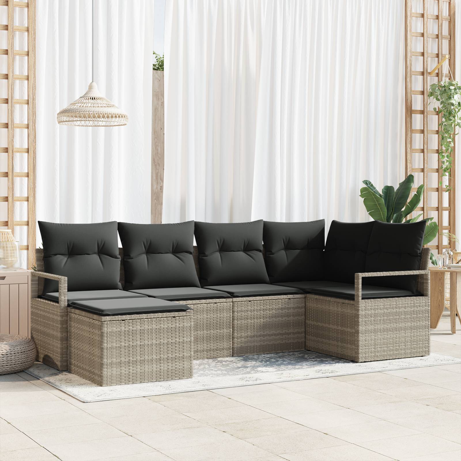 vidaXL 6-teiliges Garten-Sofa-Set mit Kissen in Hellgrau Poly-Rattan