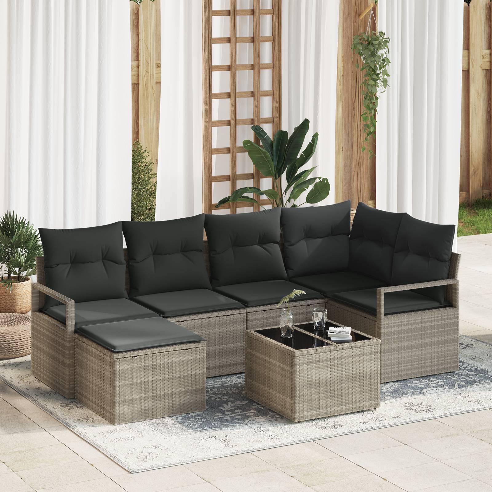 vidaXL 7-teiliges Garten-Sofa-Set mit Kissen Grau Poly-Rattan