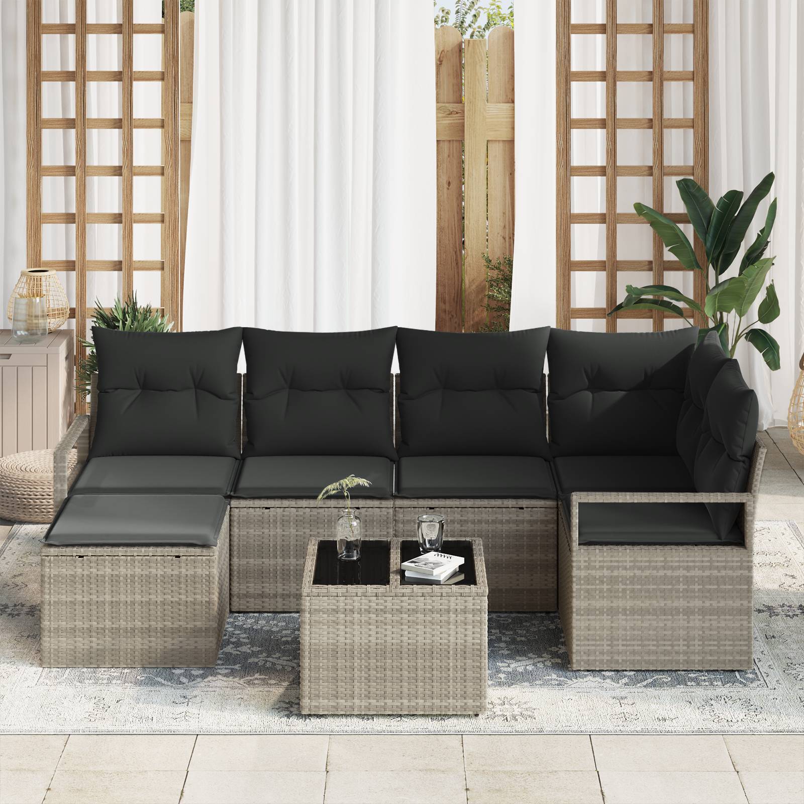 vidaXL 7-teiliges Garten-Sofa-Set mit Kissen Grau Poly-Rattan