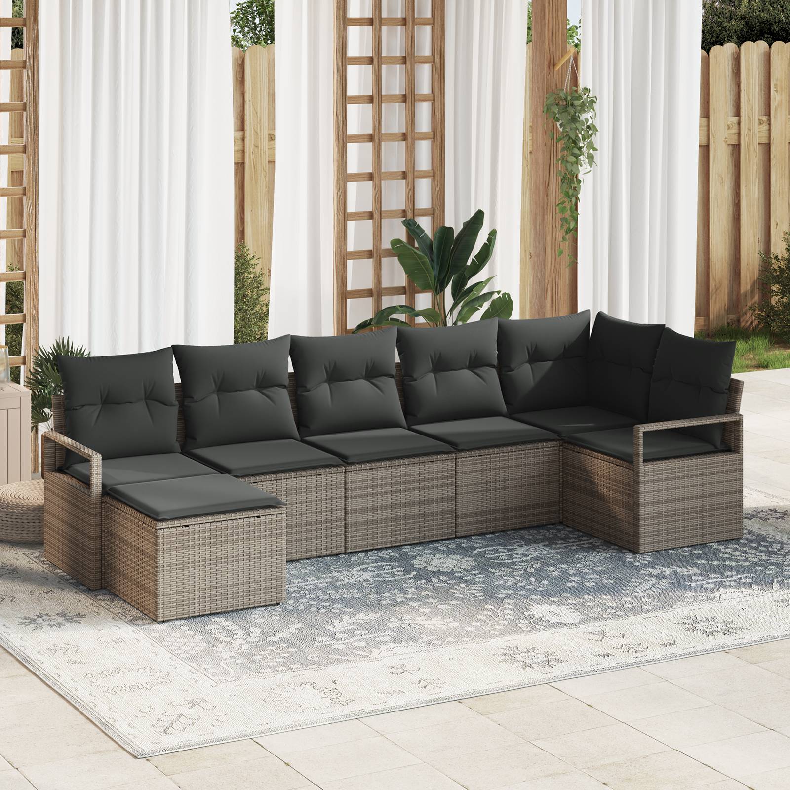 vidaXL 7-teiliges Garten Sofa Set mit Kissen Graues Poly Rattan