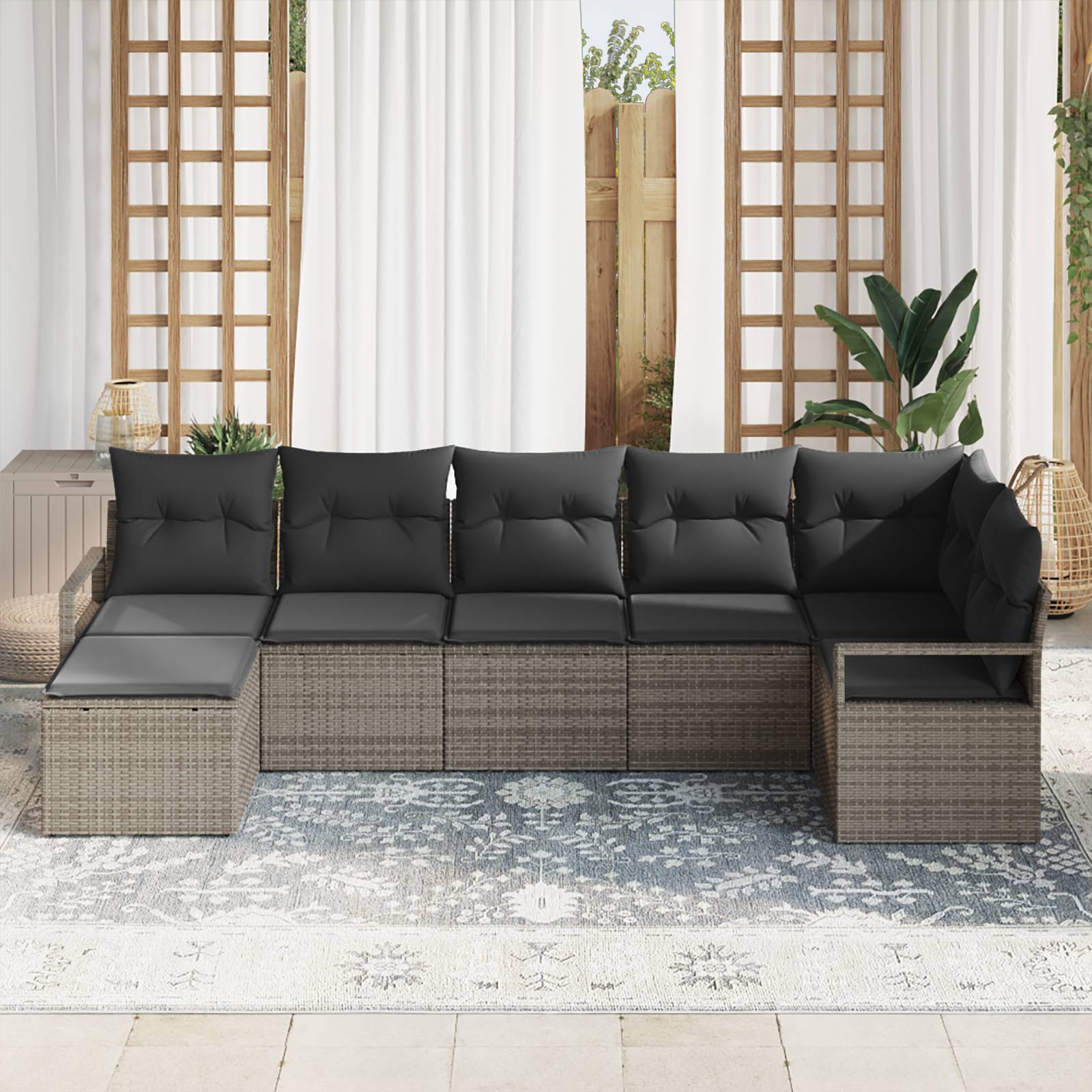 vidaXL 7-teiliges Garten Sofa Set mit Kissen Graues Poly Rattan