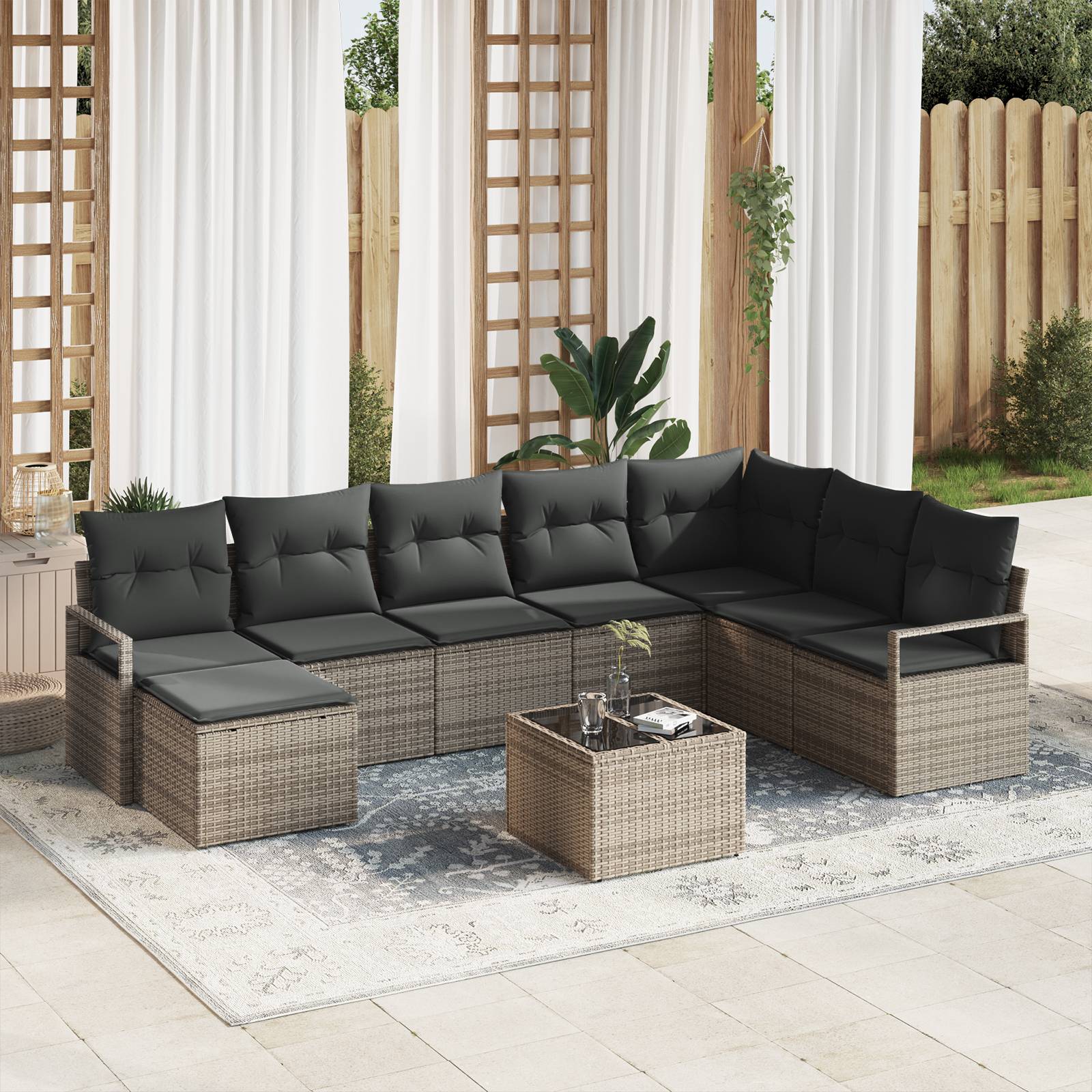 vidaXL 8-teiliges Garten Sofa Set mit Kissen Schwarz Poly Rattan