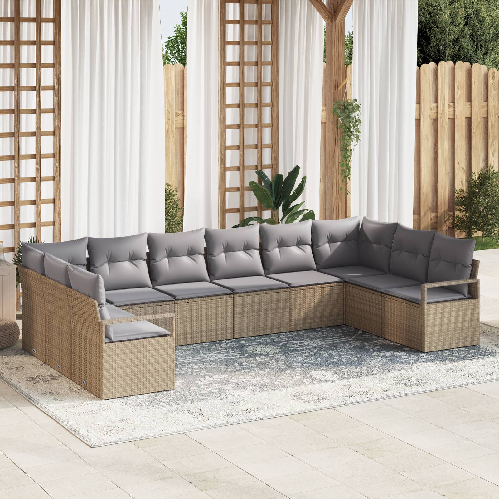 vidaXL 10-teiliges Garten Sofa Set mit Kissen in Beige aus Poly Rattan