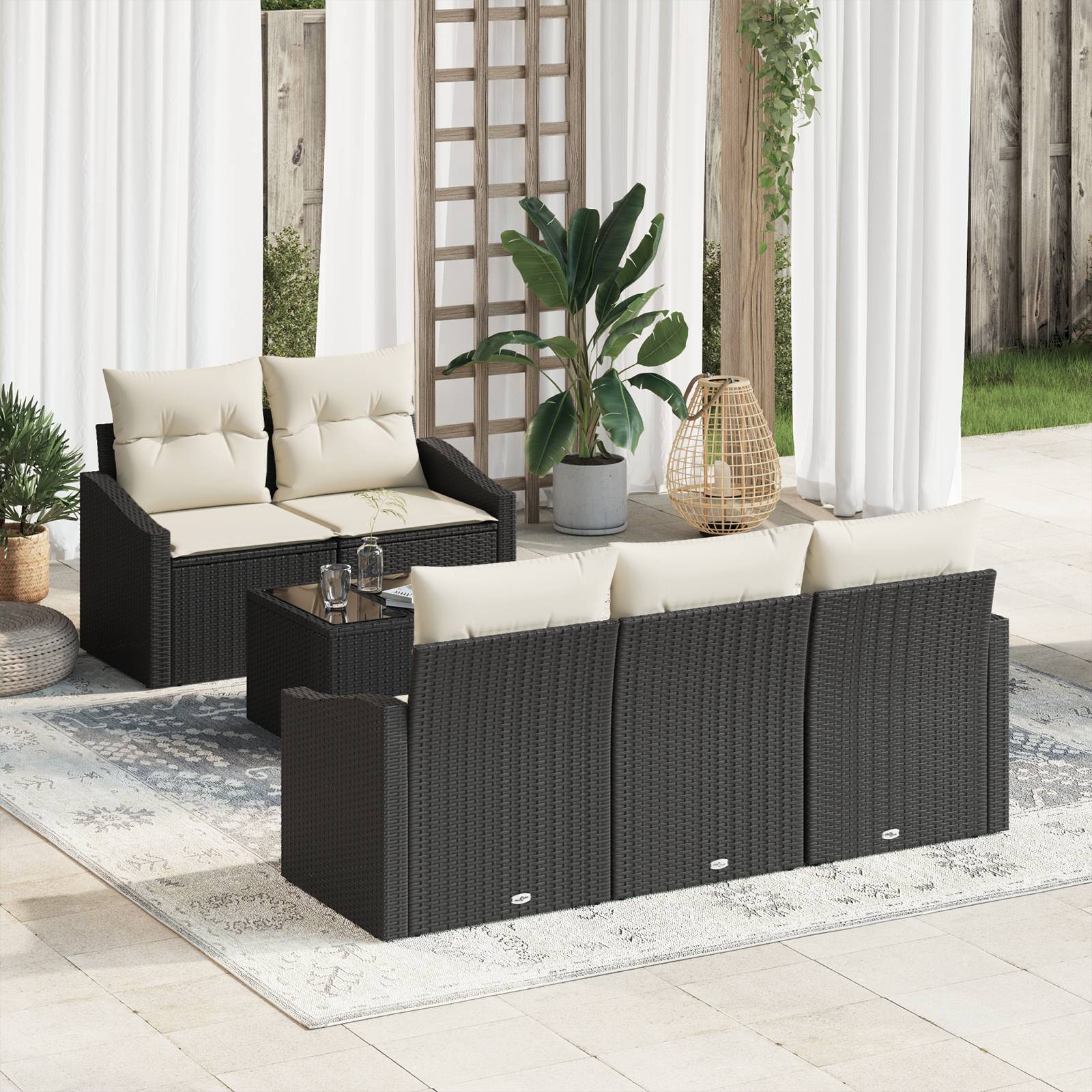 vidaXL 6-teiliges Garten-Sofa-Set mit Kissen Schwarz Poly-Rattan
