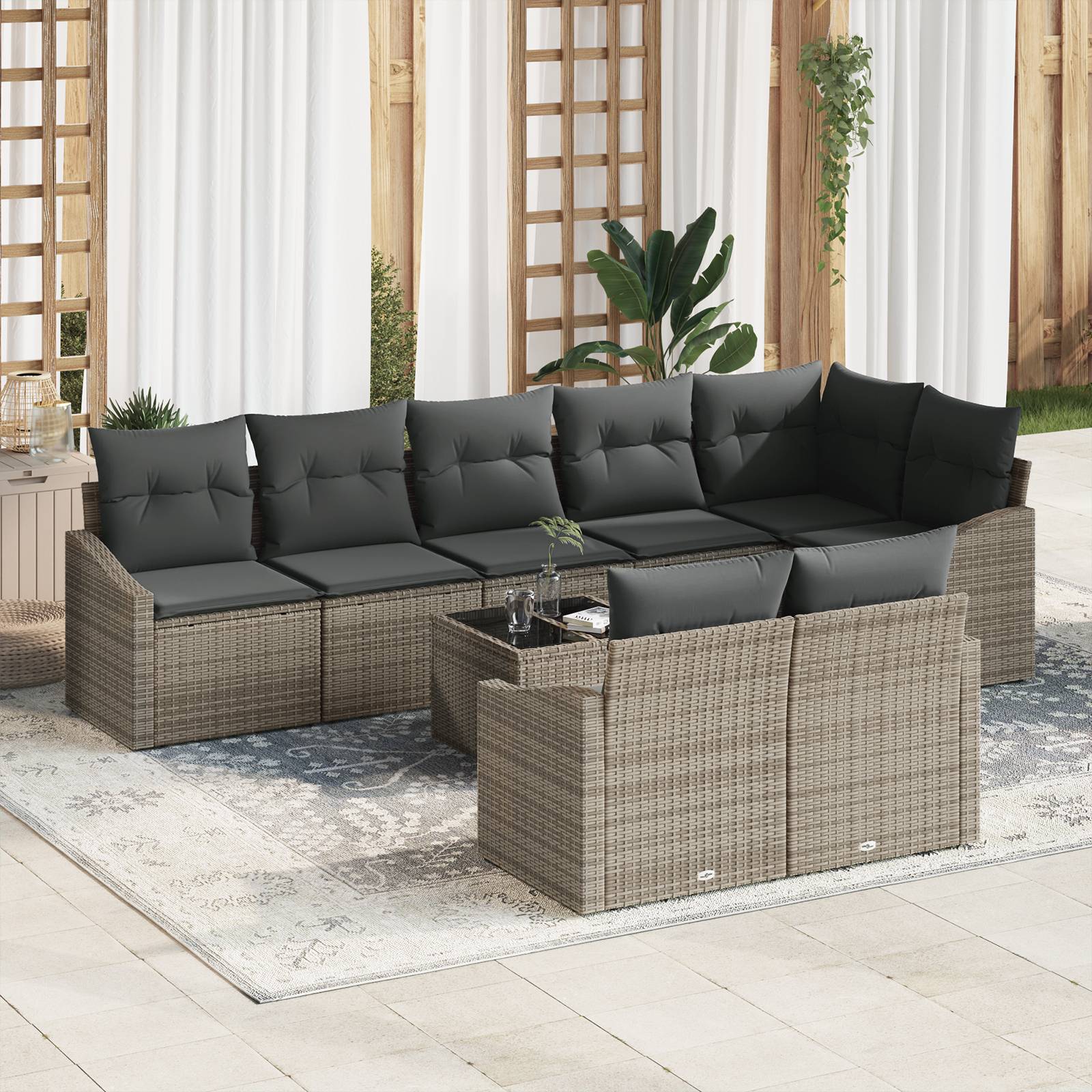vidaXL 8-tlg. Garten-Essgruppe mit Kissen Schwarz Poly Rattan