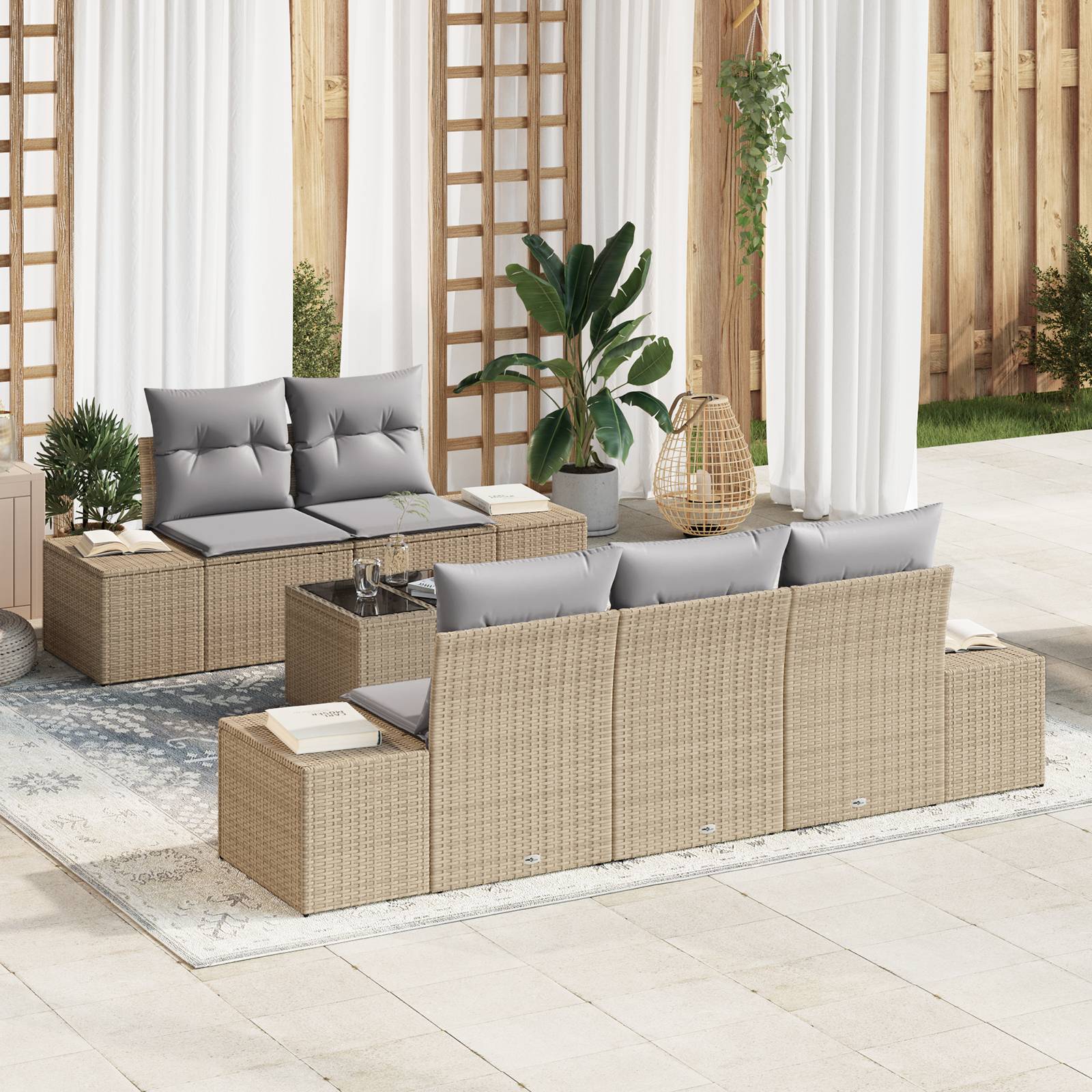 vidaXL 6-tlg. Garten-Sofagarnitur mit Kissen Beige Poly Rattan