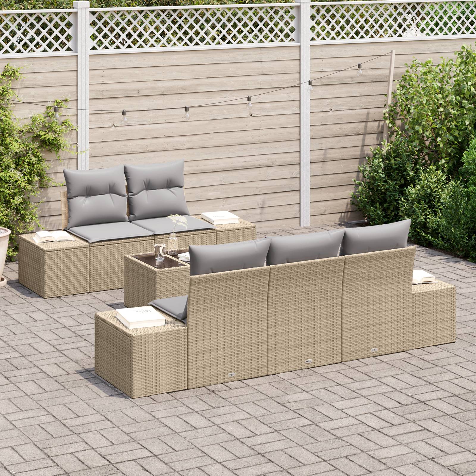 vidaXL 6-tlg. Garten-Sofagarnitur mit Kissen Beige Poly Rattan