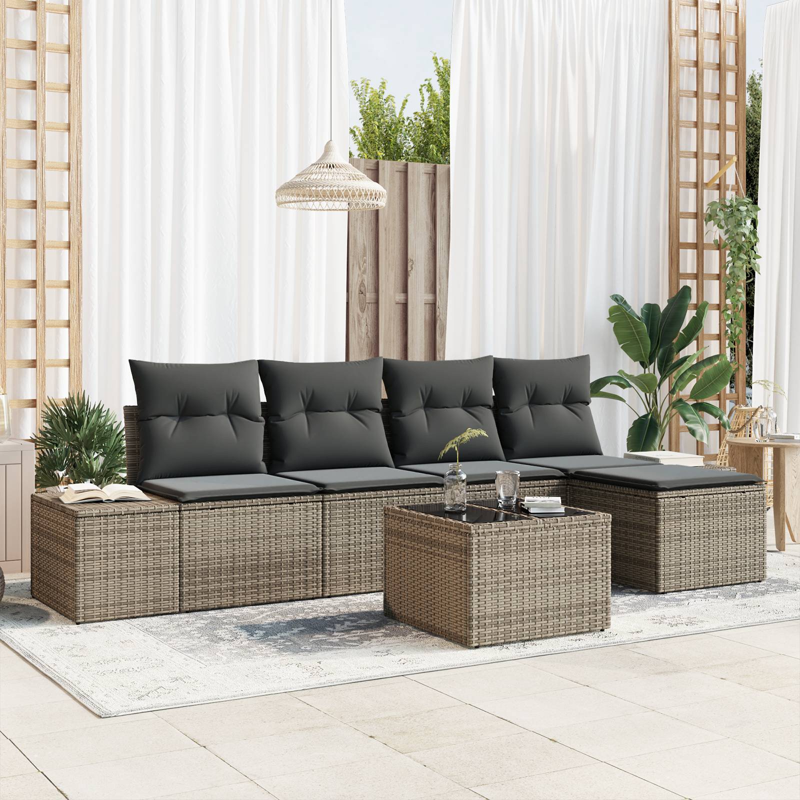 vidaXL 5-tlg. Garten-Sofagarnitur mit Kissen Schwarz Poly Rattan