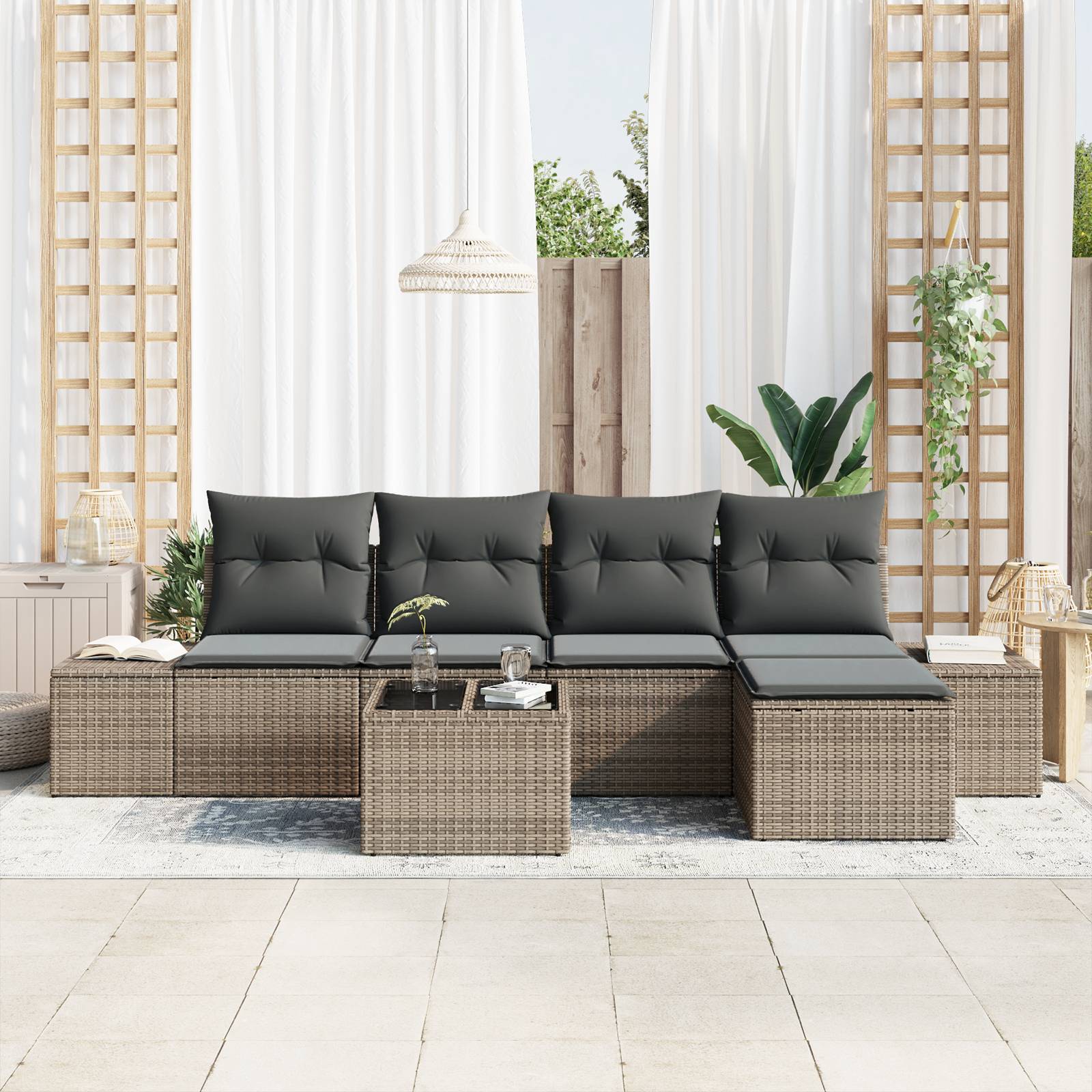 vidaXL 5-tlg. Garten-Sofagarnitur mit Kissen Schwarz Poly Rattan
