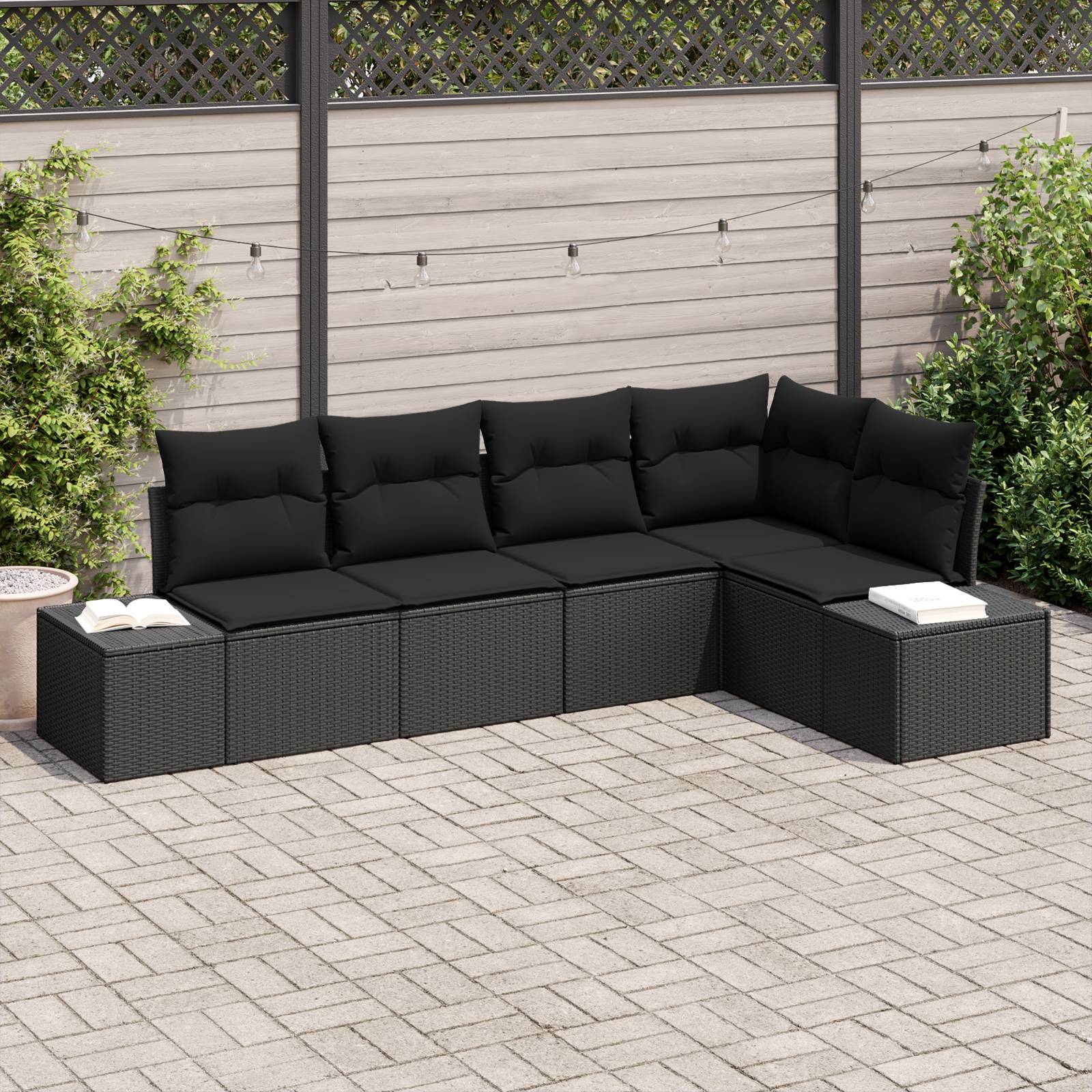 vidaXL 5-tlg. Garten-Sofagarnitur mit Kissen Schwarz Poly Rattan