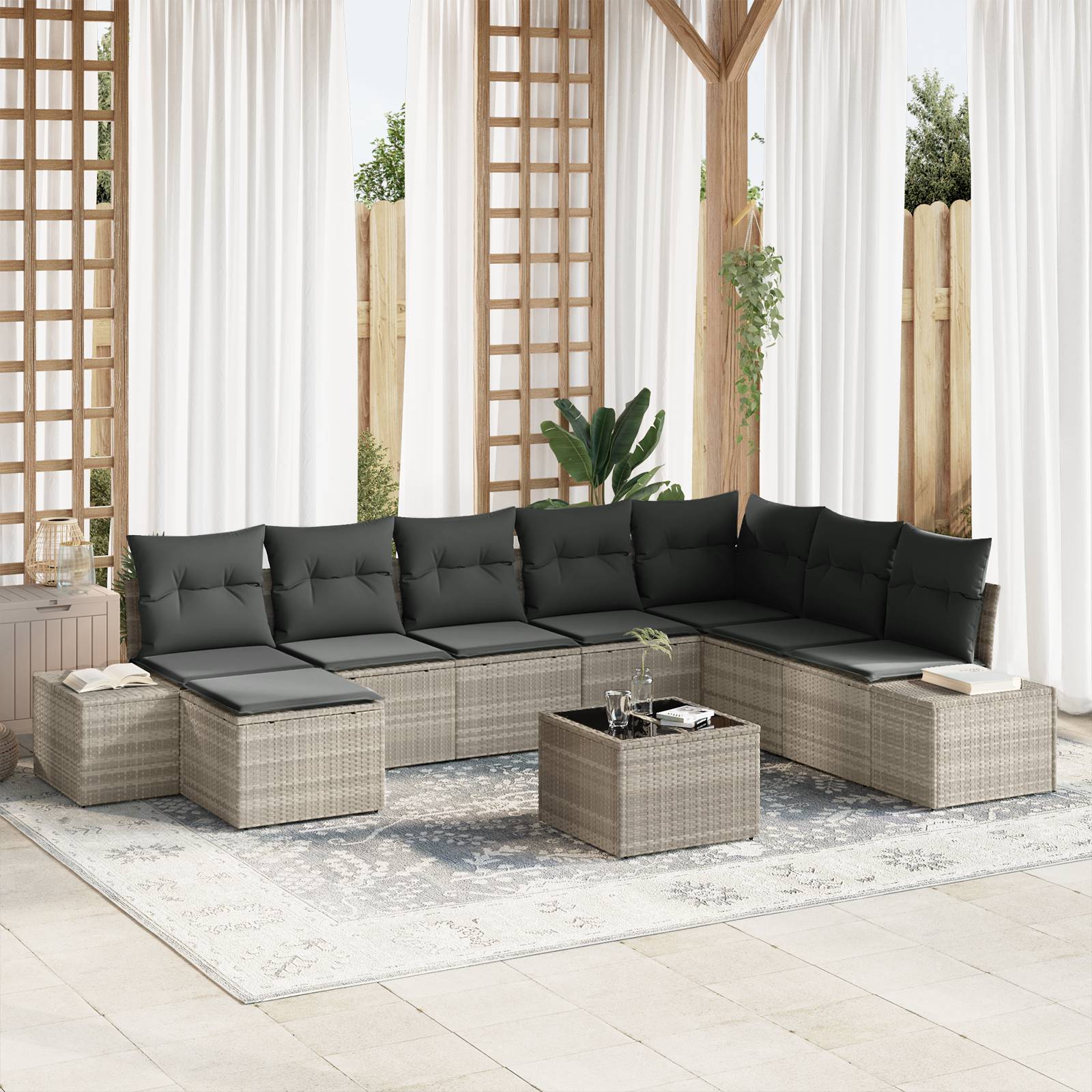 vidaXL 9-teiliges Gartensofa-Set mit Kissen in Grau aus Poly-Rattan
