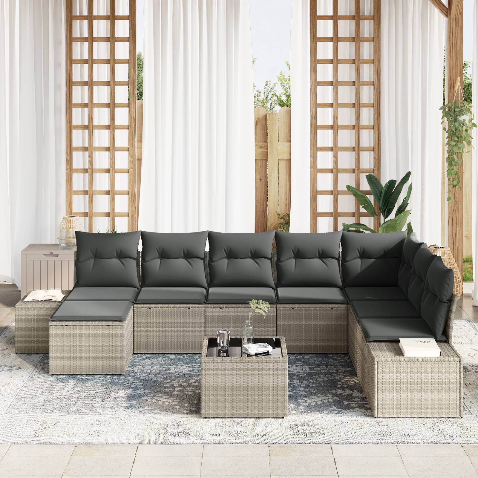 vidaXL 9-teiliges Gartensofa-Set mit Kissen in Grau aus Poly-Rattan