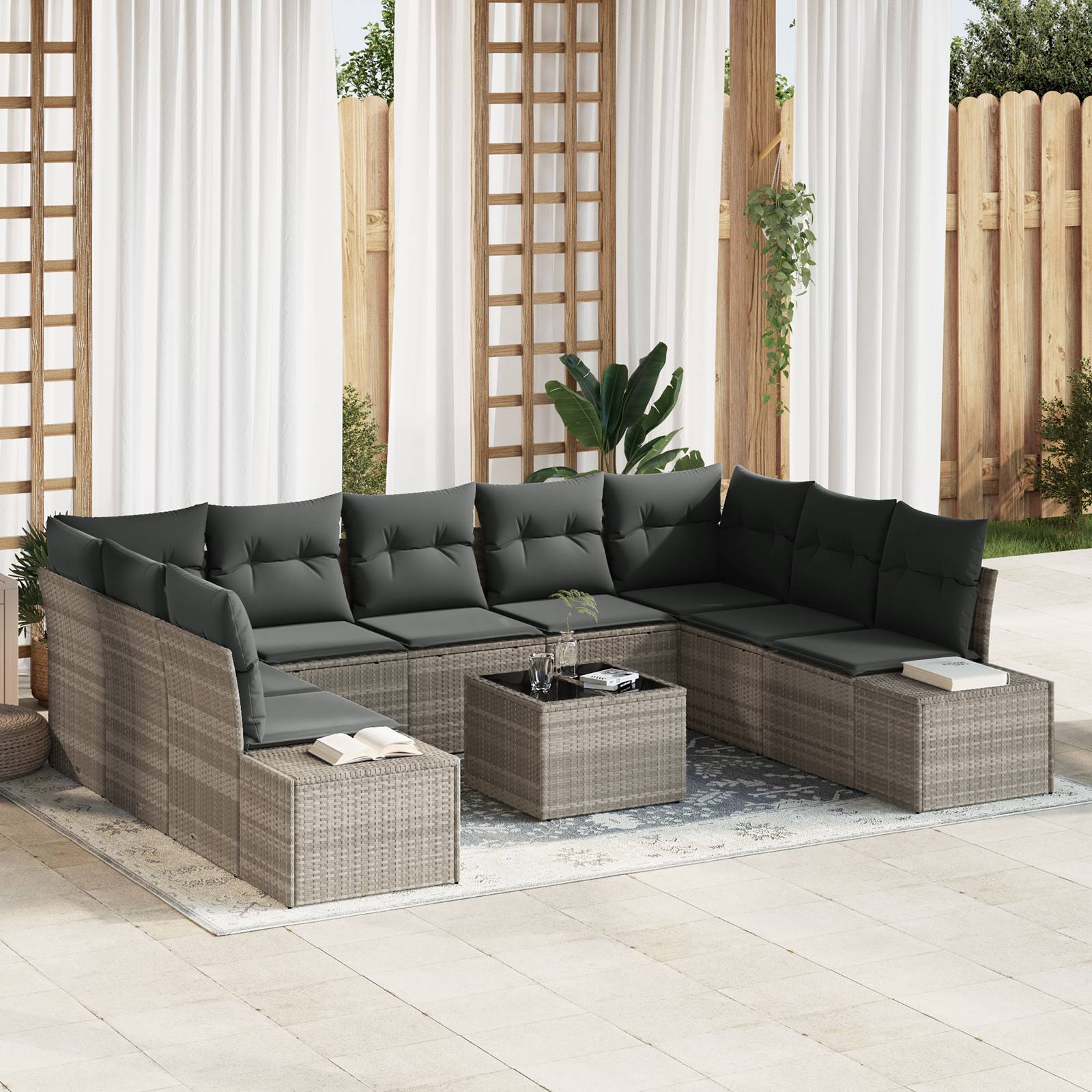 vidaXL 10-teiliges Gartensofa-Set mit Kissen - graues Poly-Rattan
