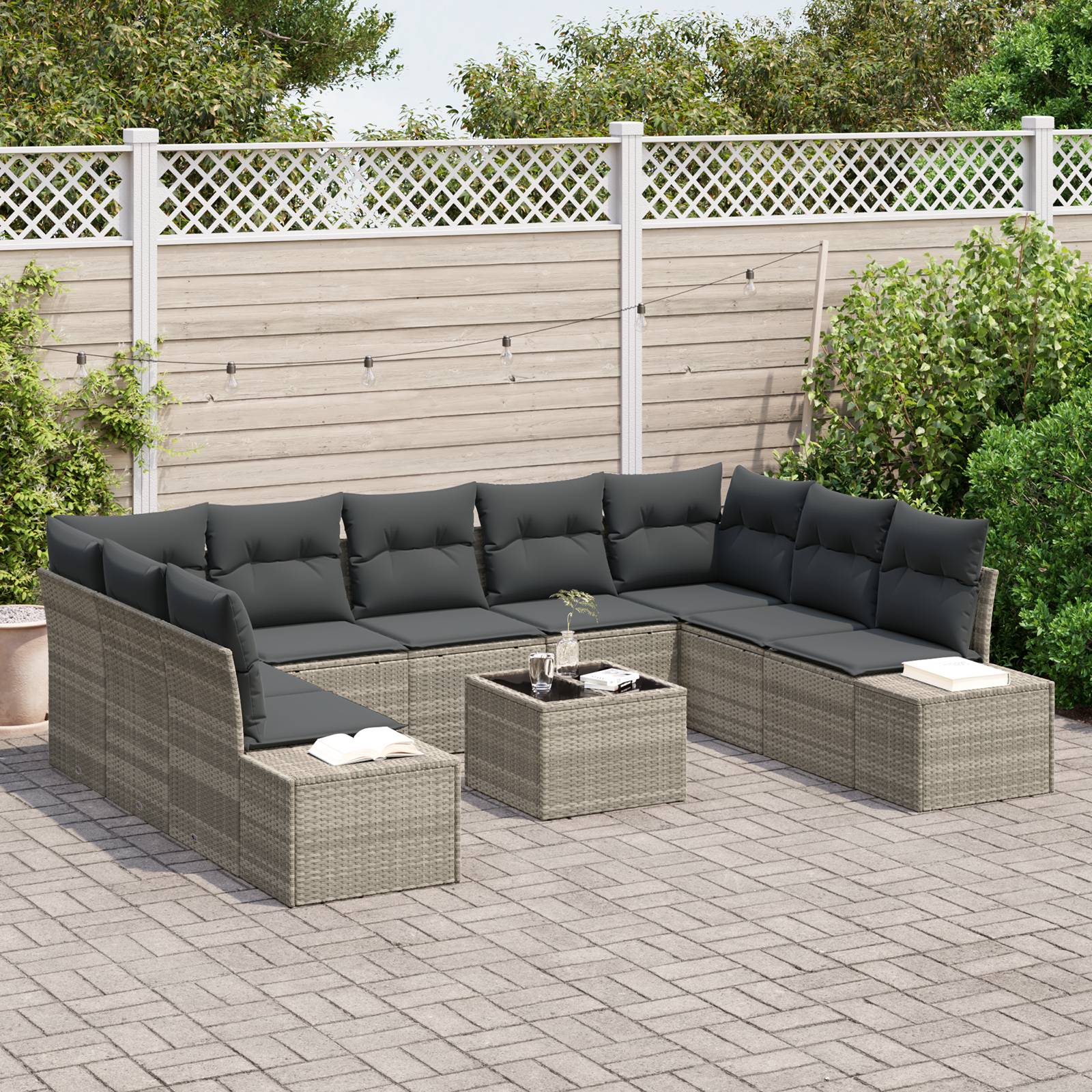 vidaXL 10-teiliges Gartensofa-Set mit Kissen - graues Poly-Rattan