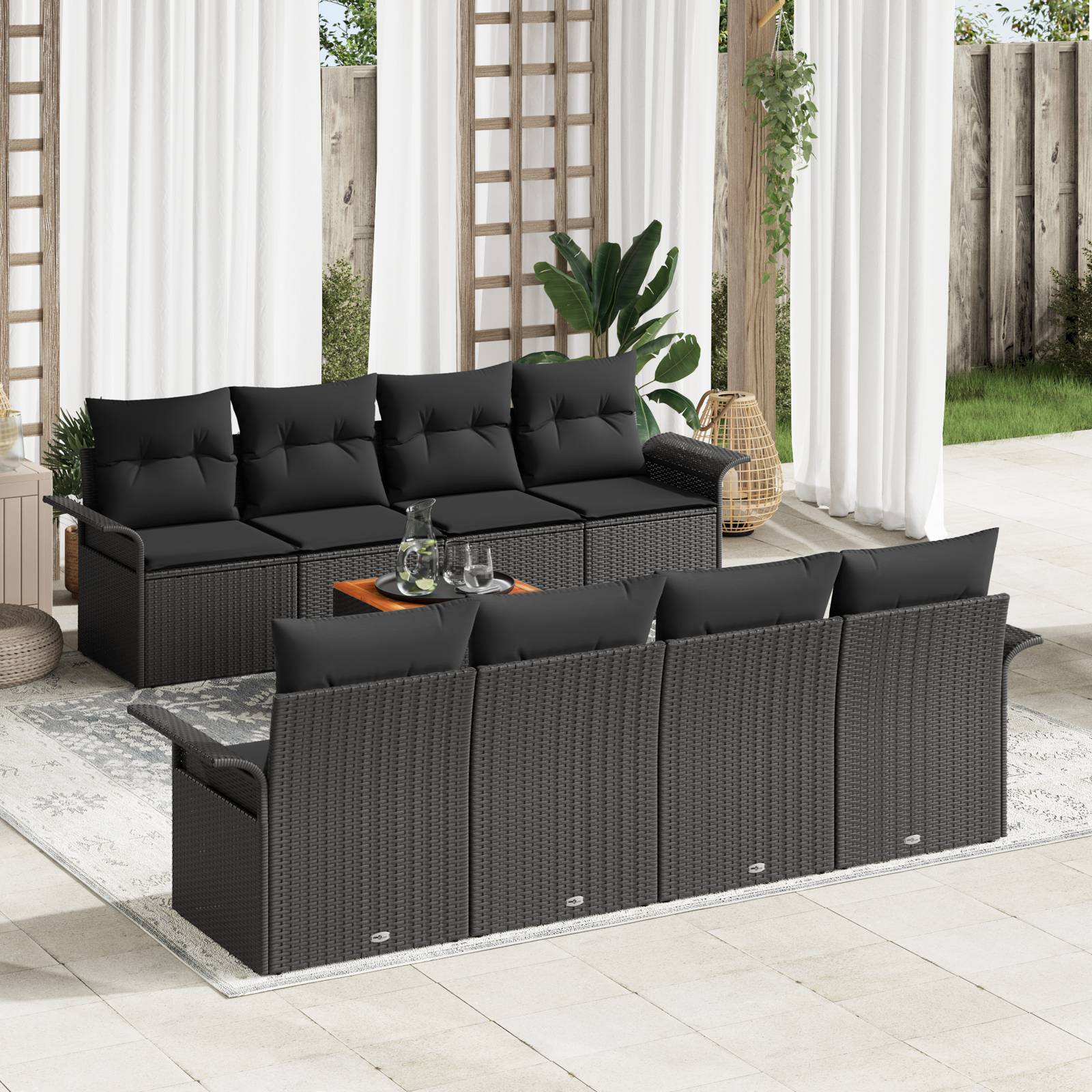 vidaXL 9-tlg. Garten-Sofagarnitur mit Kissen Schwarz Poly Rattan