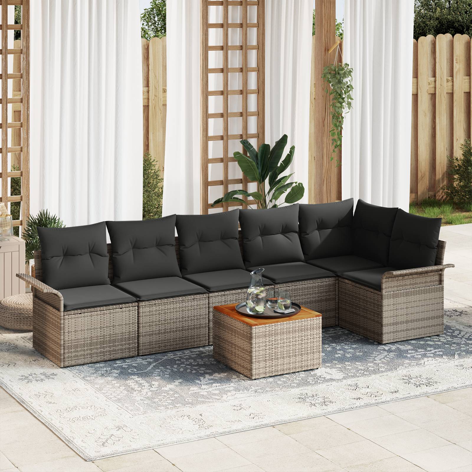 vidaXL 7-teiliges Garten Sofa Set mit Kissen Grau Poly Rattan Akazie