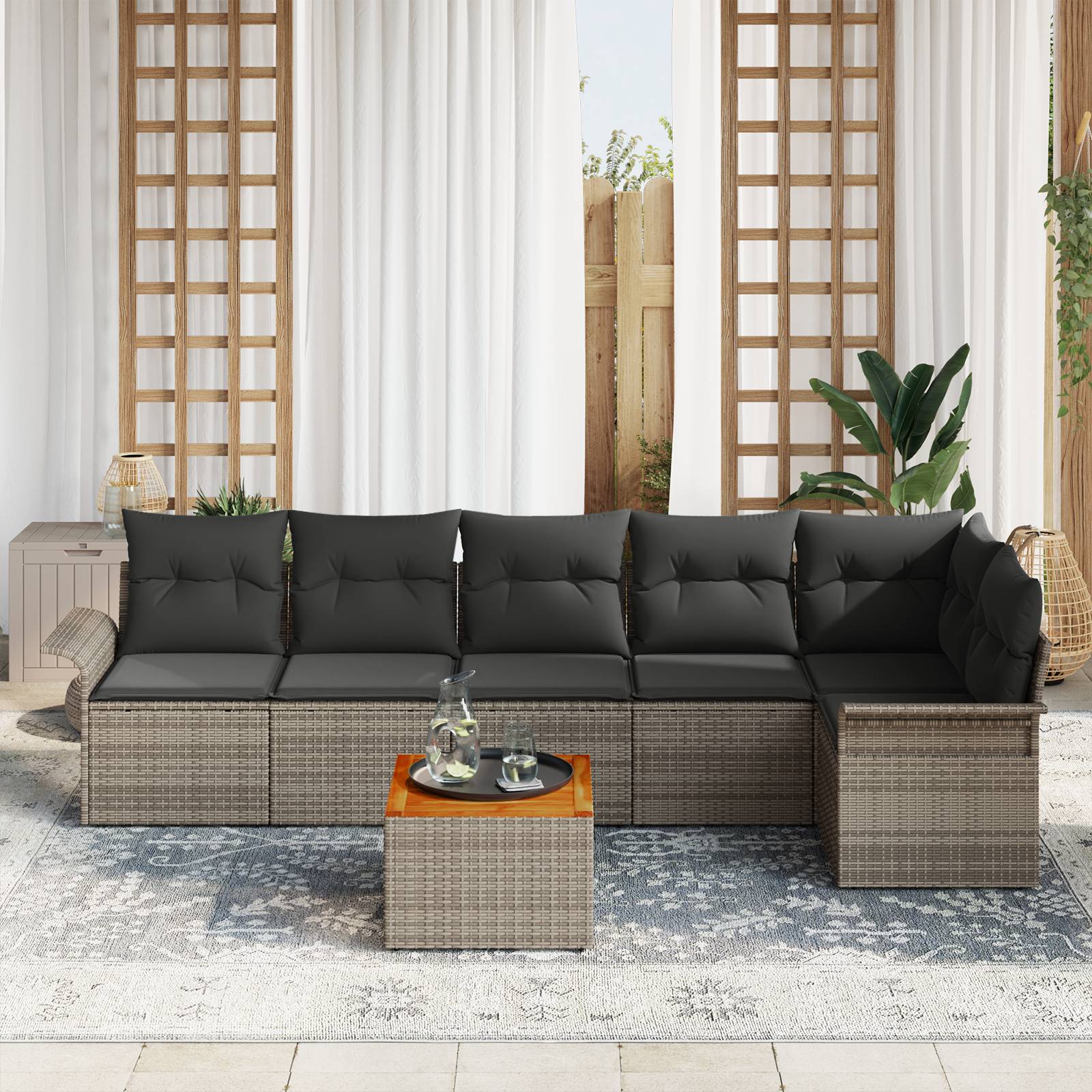 vidaXL 7-teiliges Garten Sofa Set mit Kissen Grau Poly Rattan Akazie