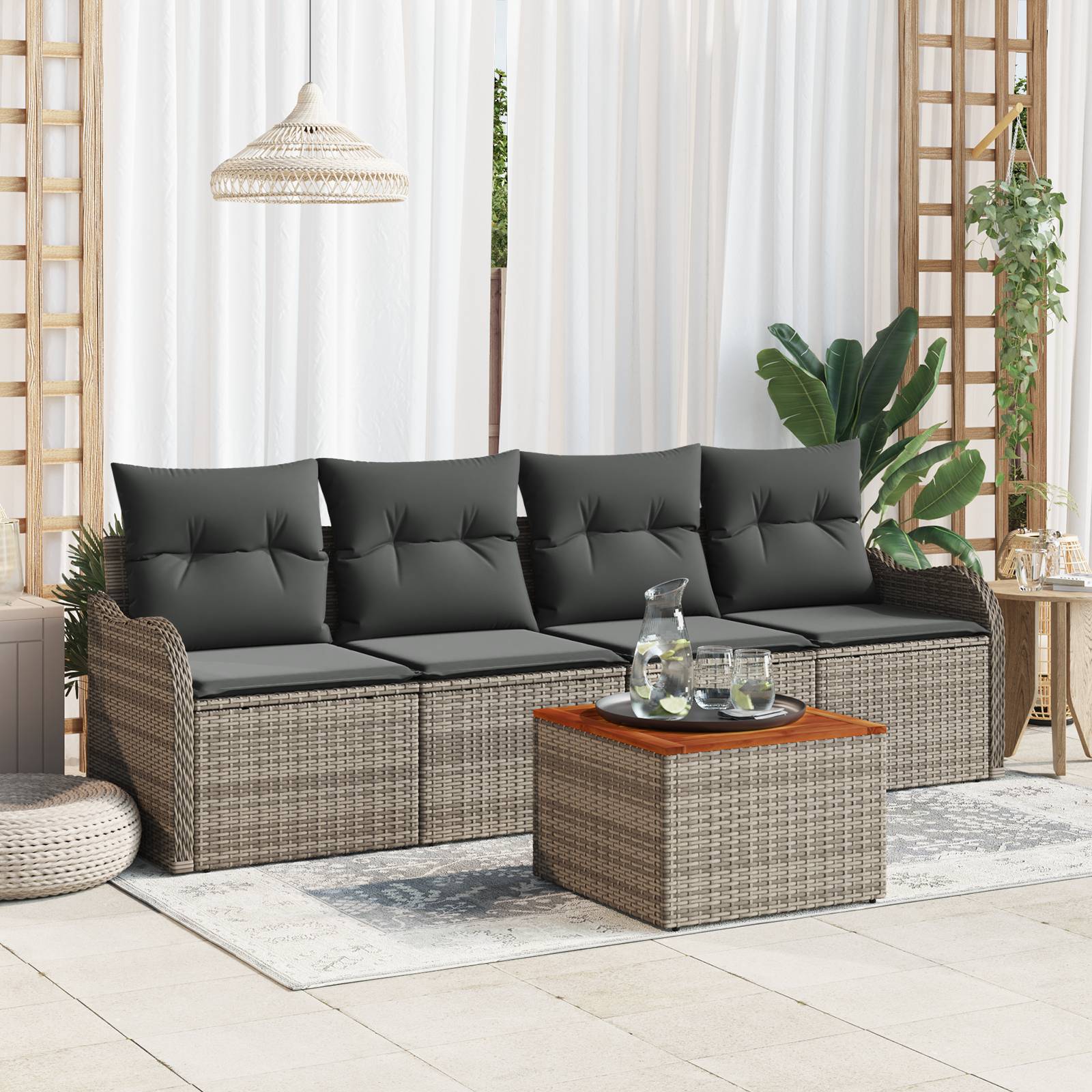 vidaXL 5-teiliges Garten-Sofa-Set mit Kissen Graues Poly-Rattan Akazie