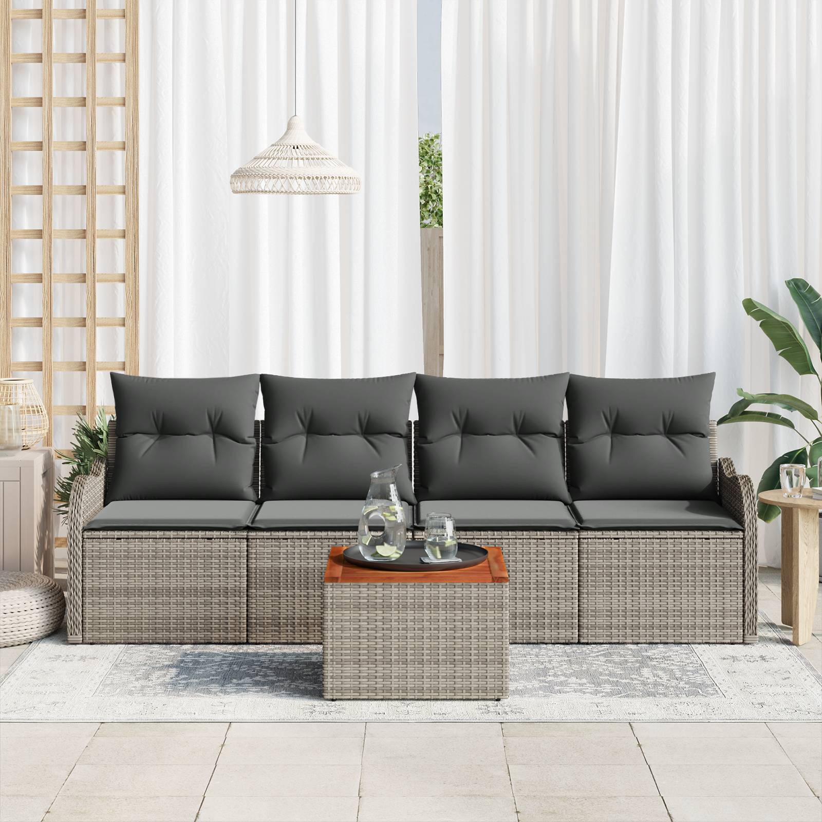 vidaXL 5-teiliges Garten-Sofa-Set mit Kissen Graues Poly-Rattan Akazie