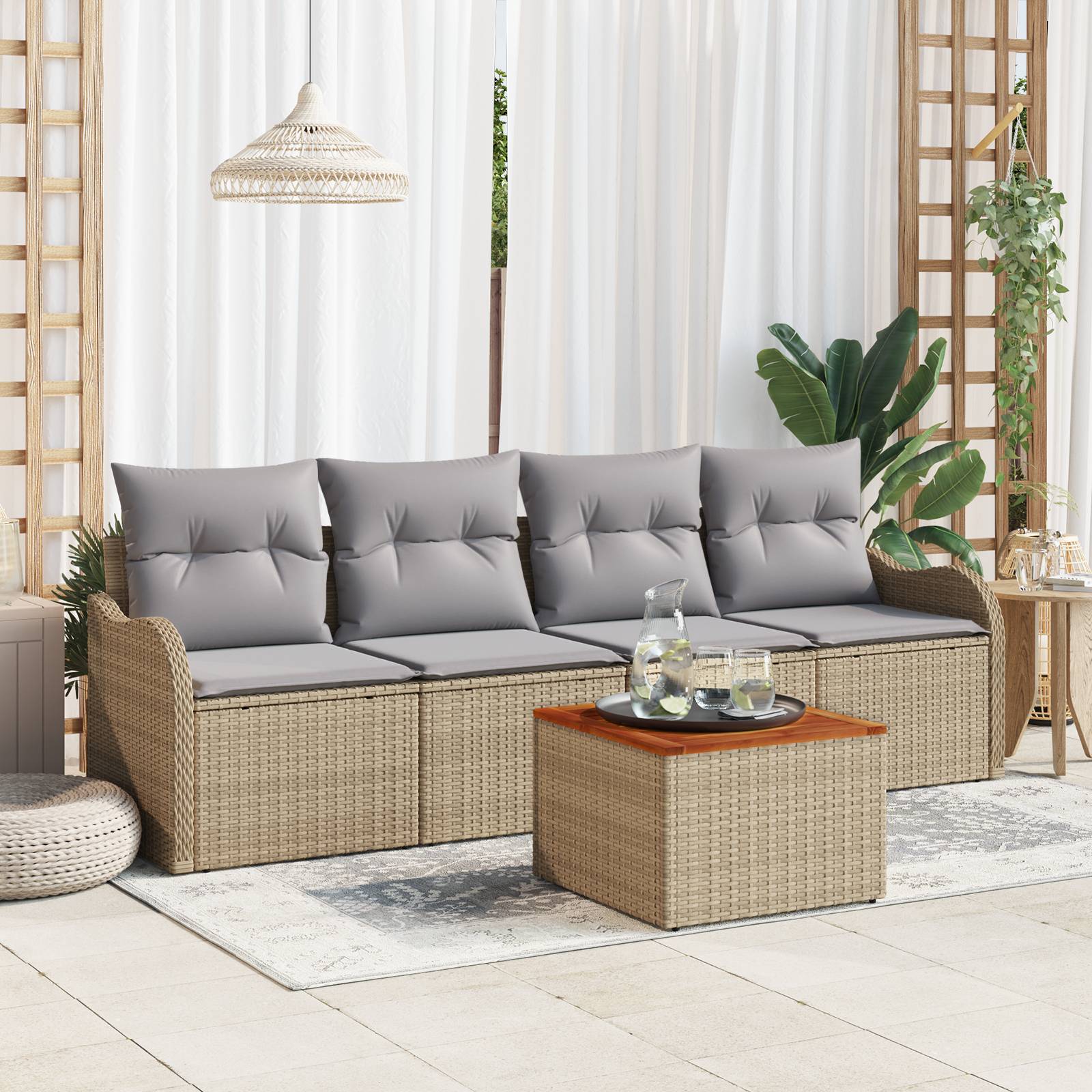 vidaXL 5-teiliges Garten-Sofa-Set mit Kissen Beige Poly Rattan Akazie