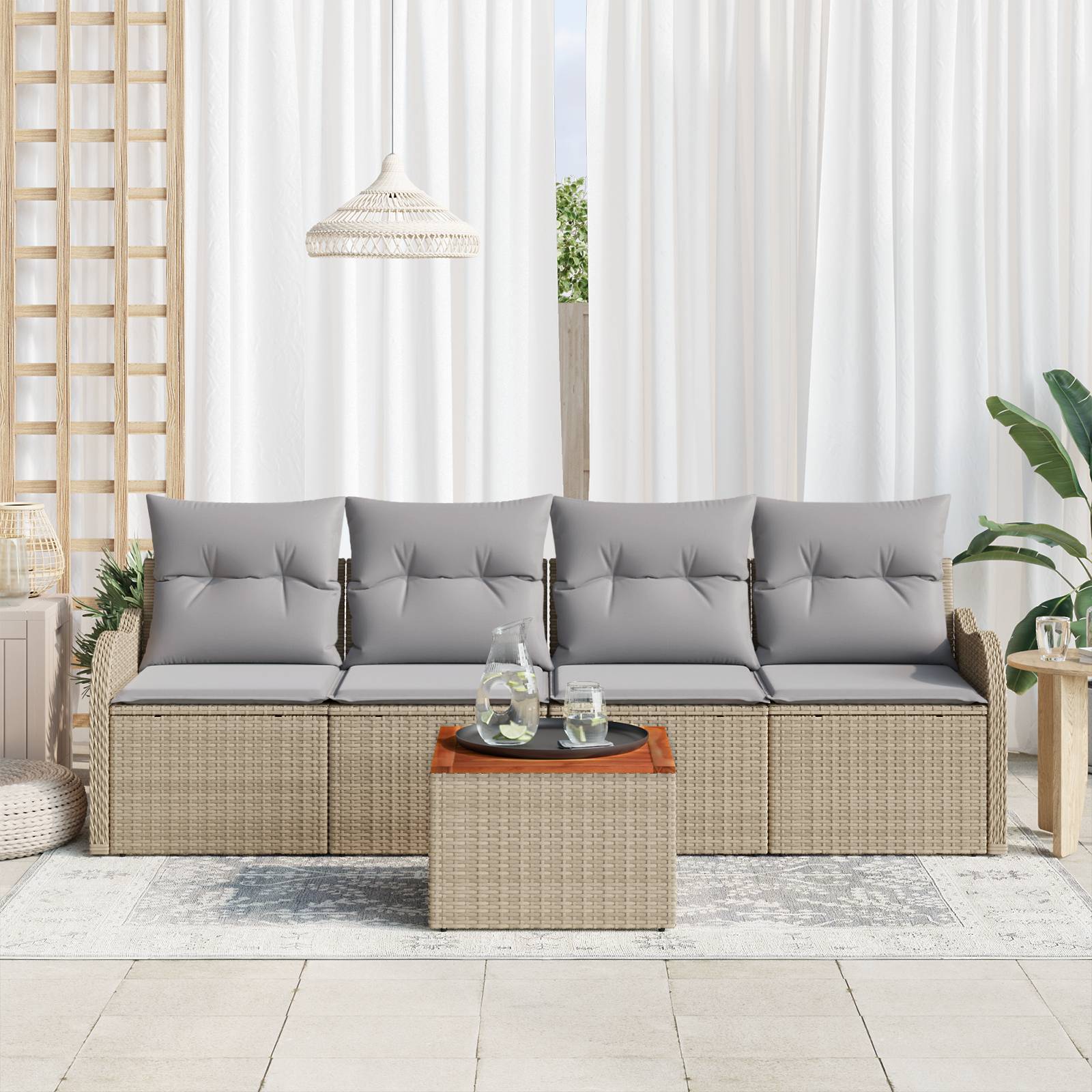 vidaXL 5-teiliges Garten-Sofa-Set mit Kissen Beige Poly Rattan Akazie