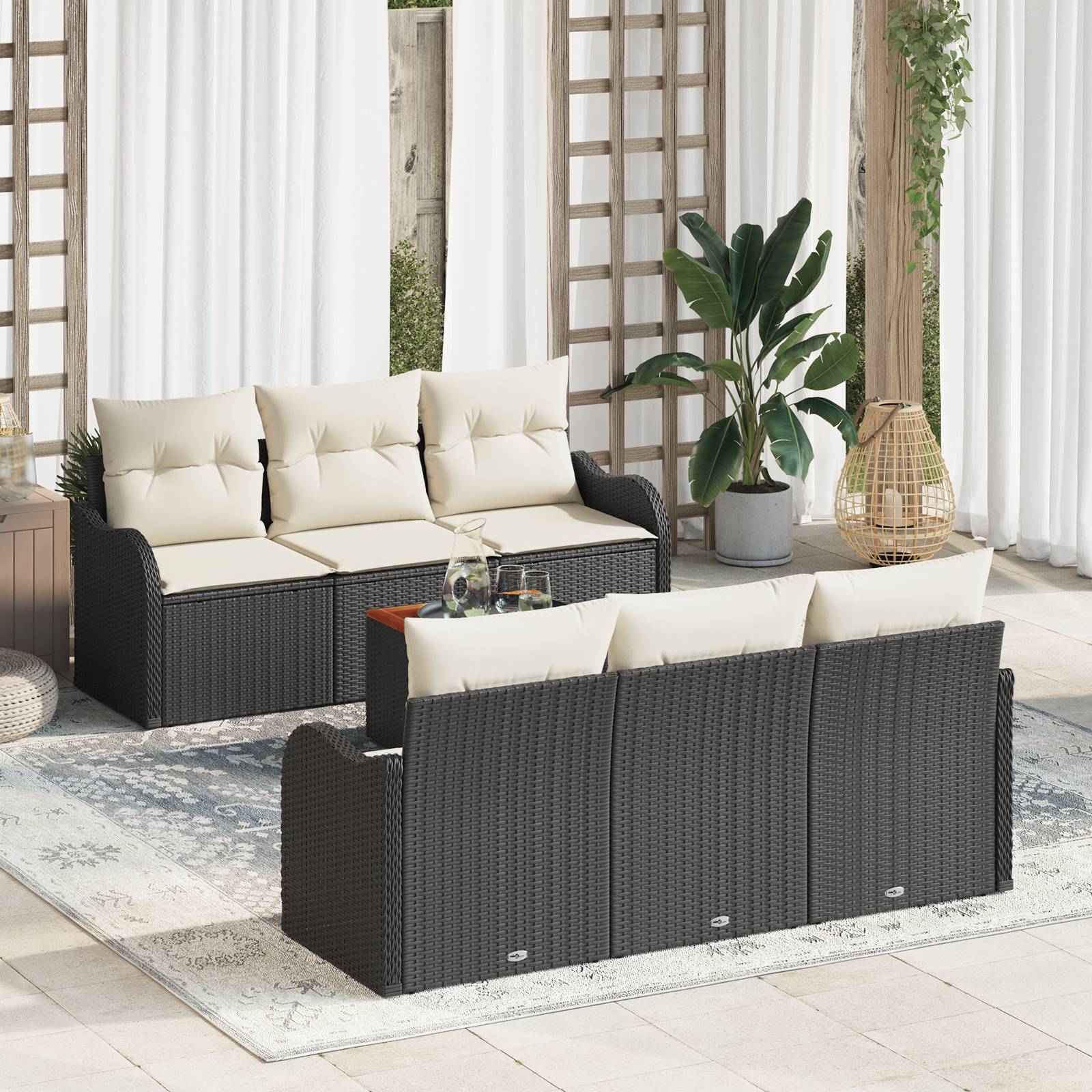 vidaXL 7-teiliges Garten-Sofa-Set mit Kissen Schwarz Poly-Rattan Akazie