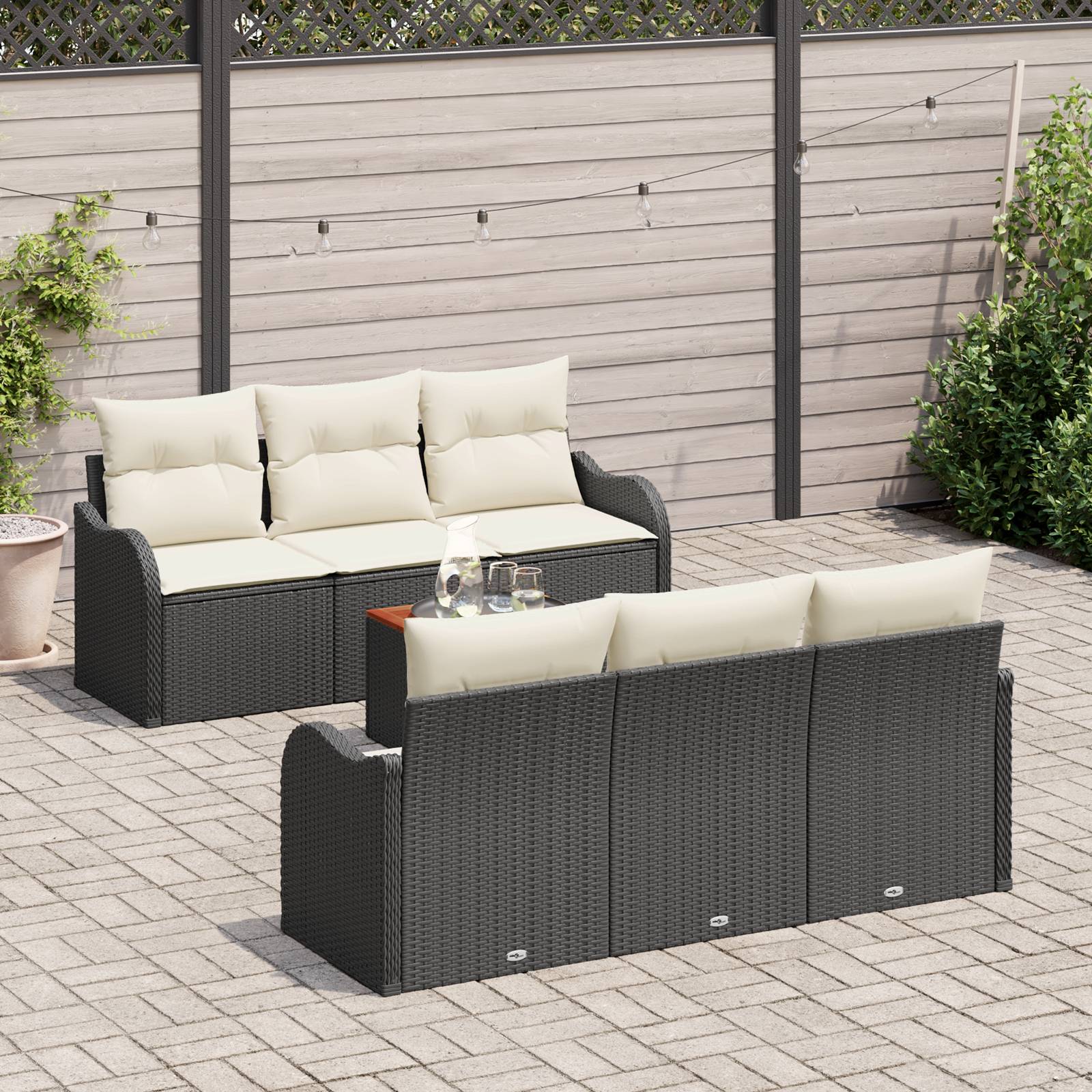 vidaXL 7-teiliges Garten-Sofa-Set mit Kissen Schwarz Poly-Rattan Akazie