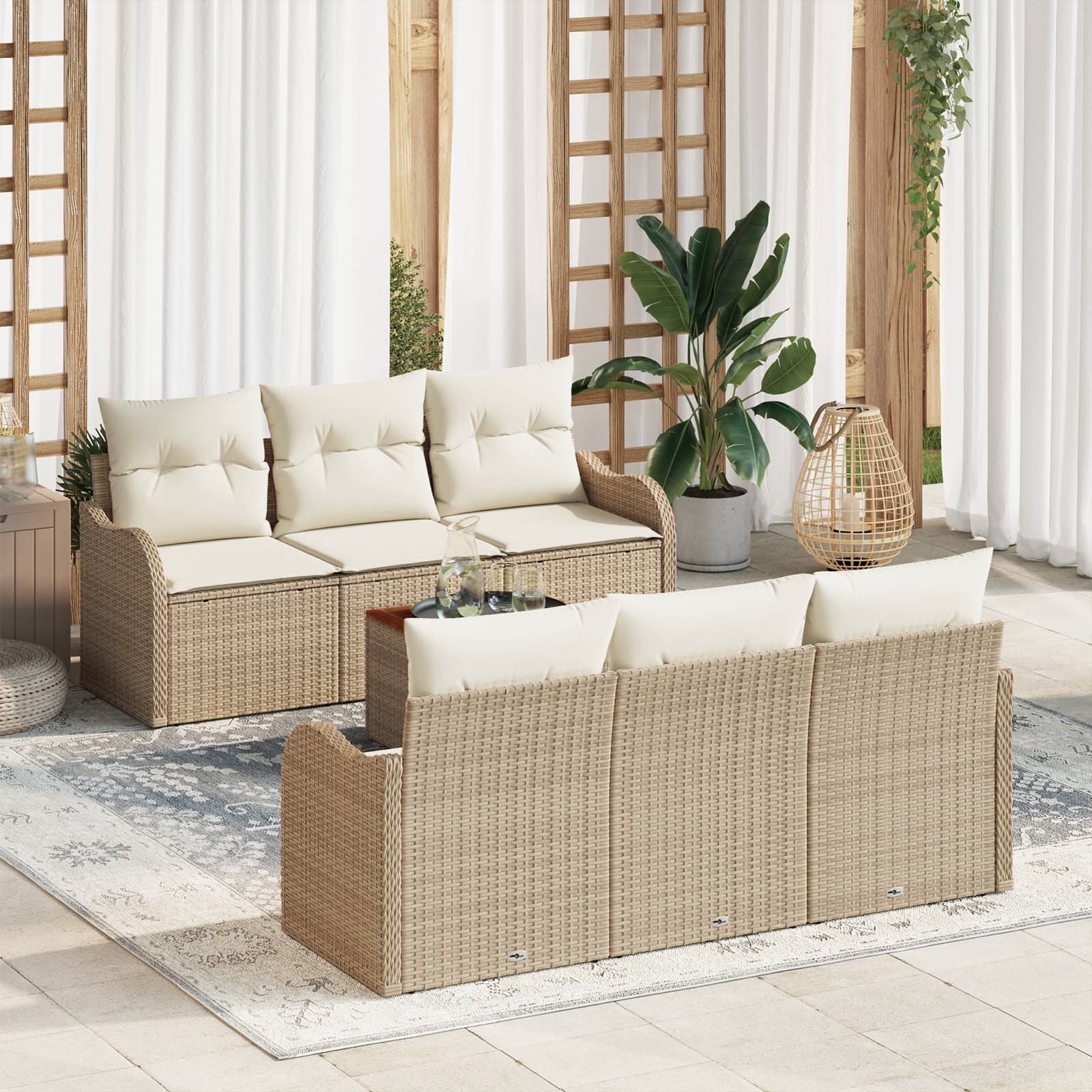 vidaXL 7-tlg. Garten-Sofagarnitur mit Kissen Beige Poly Rattan Akazie