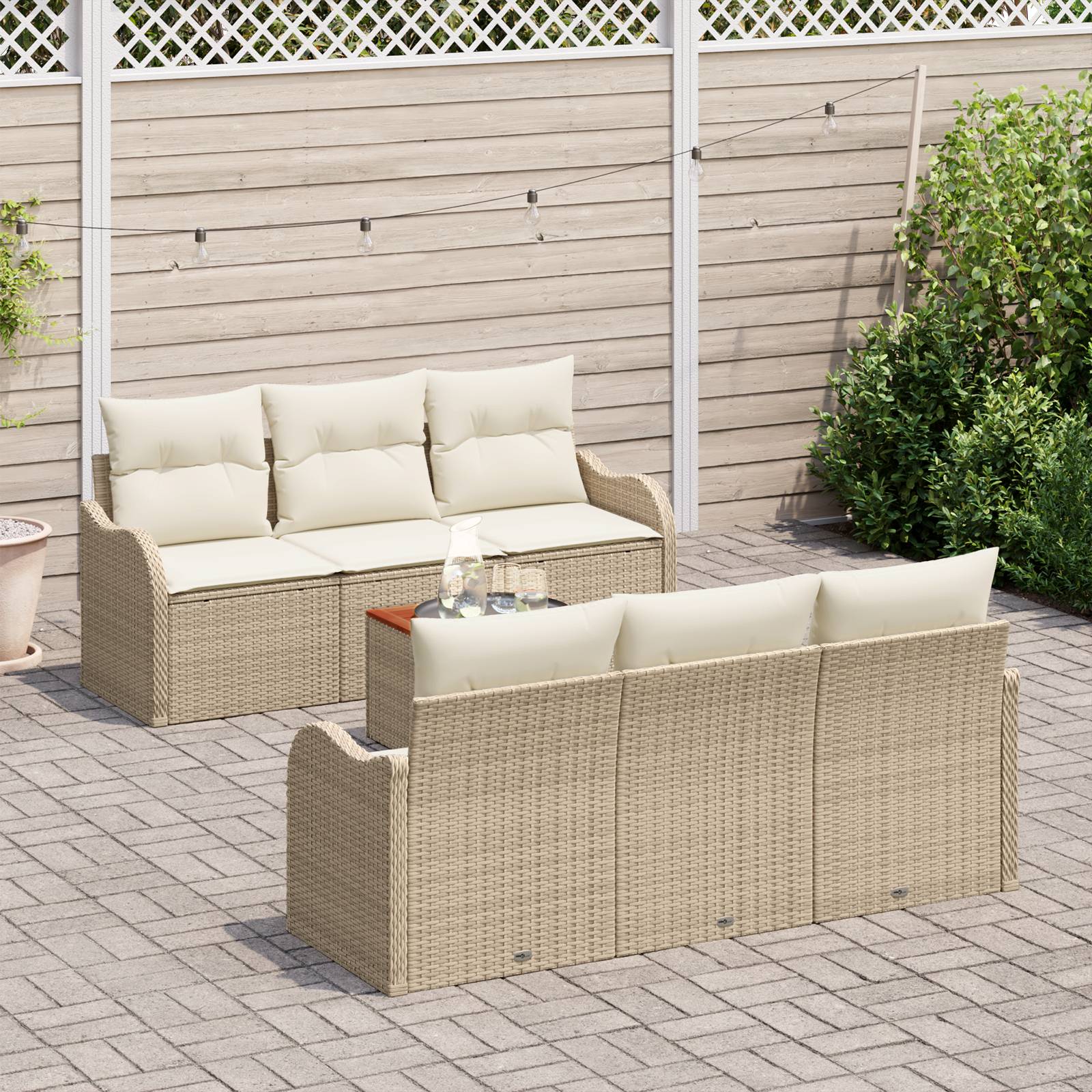 vidaXL 7-tlg. Garten-Sofagarnitur mit Kissen Beige Poly Rattan Akazie