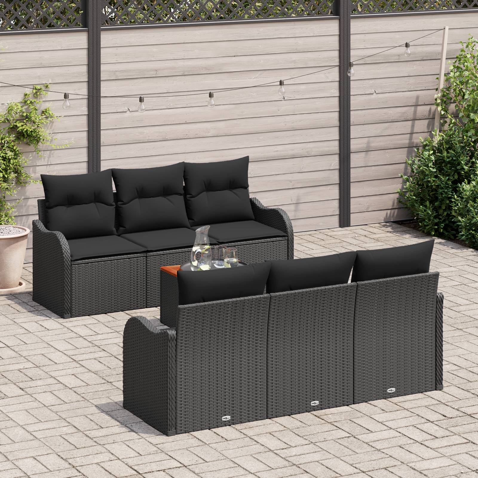 vidaXL 7-tlg. Garten-Sofagarnitur mit Kissen Schwarz Poly Rattan