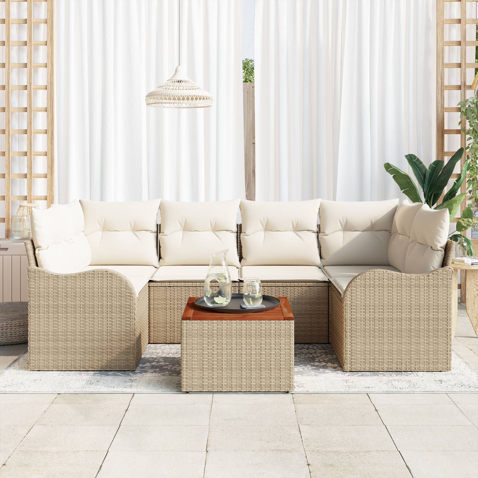 vidaXL 7-teilige Garten Sofa Set mit Kissen Beige Poly Rattan Akazie