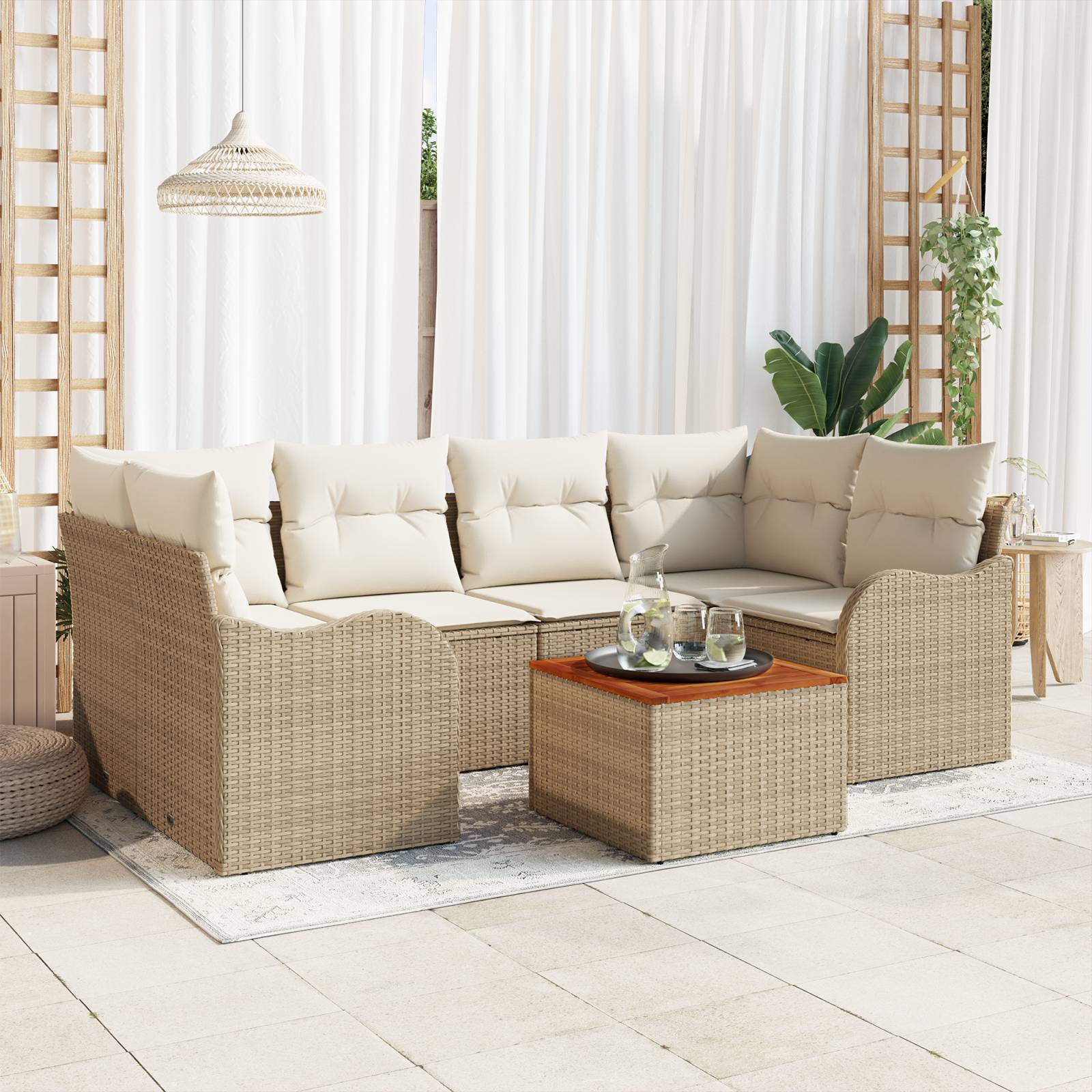vidaXL 7-teiliges Garten Sofa Set mit Kissen Beige Poly Rattan Akazie