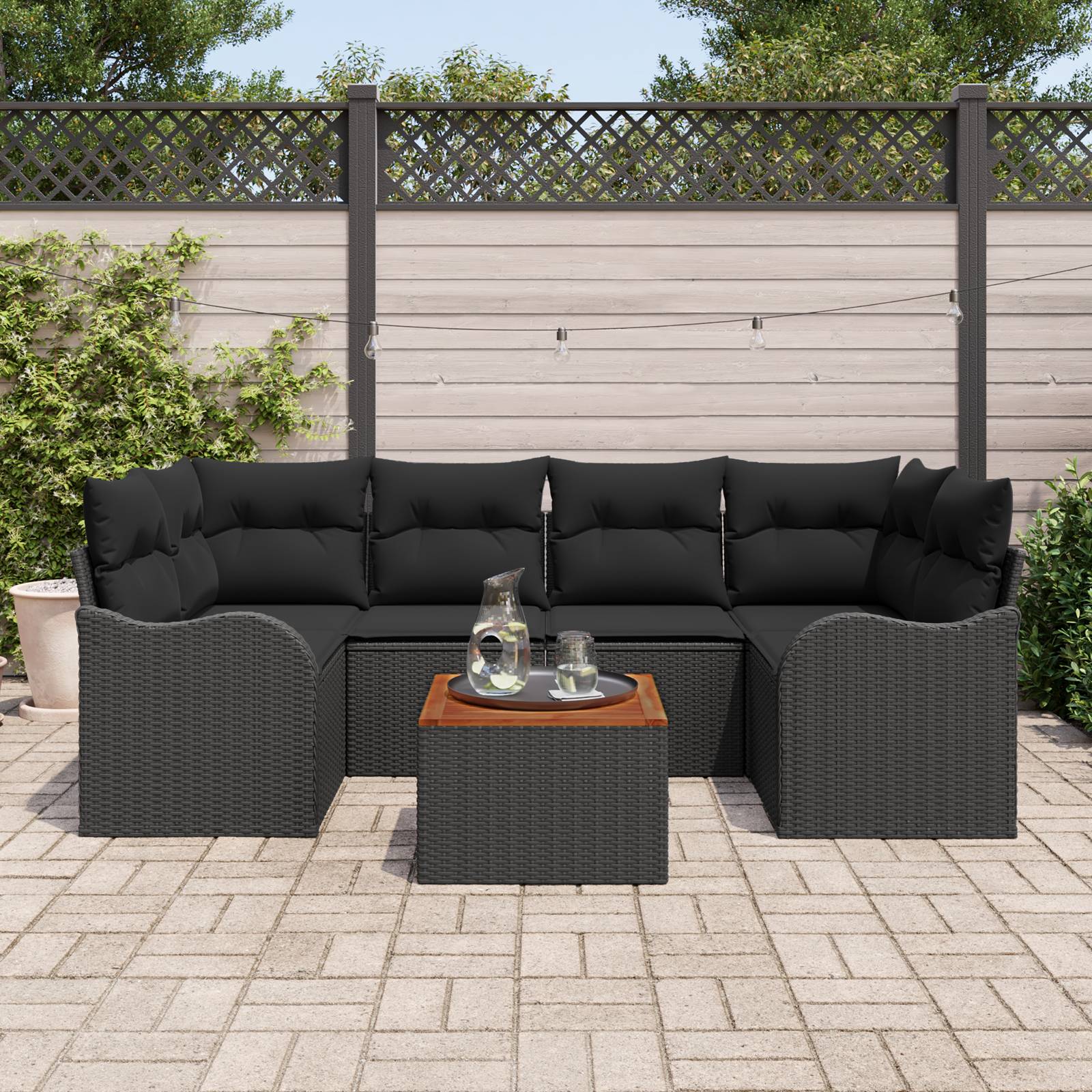 vidaXL 7-teiliges Garten Sofa Set mit Kissen Schwarz Poly Rattan Akazie