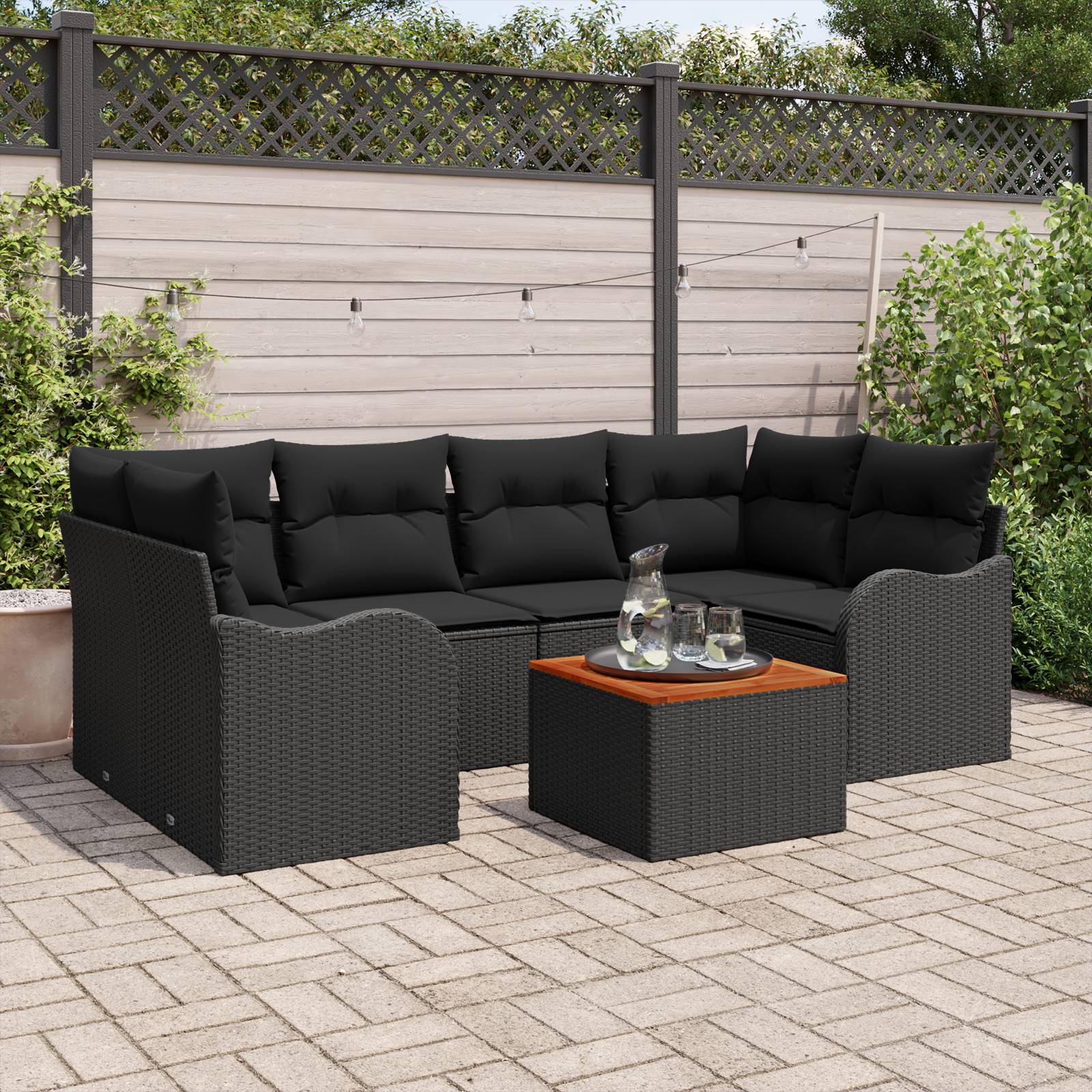 vidaXL 7-teiliges Garten Sofa Set mit Kissen Schwarz Poly Rattan Akazie