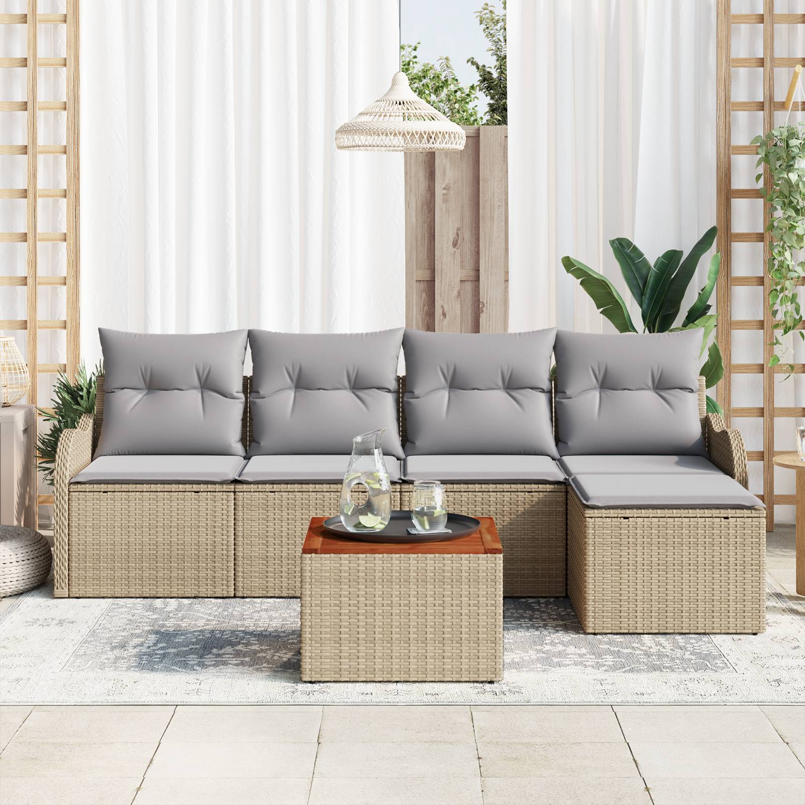 vidaXL 6-teiliges Garten Sofa Set mit Kissen Beige Poly Rattan Akazie