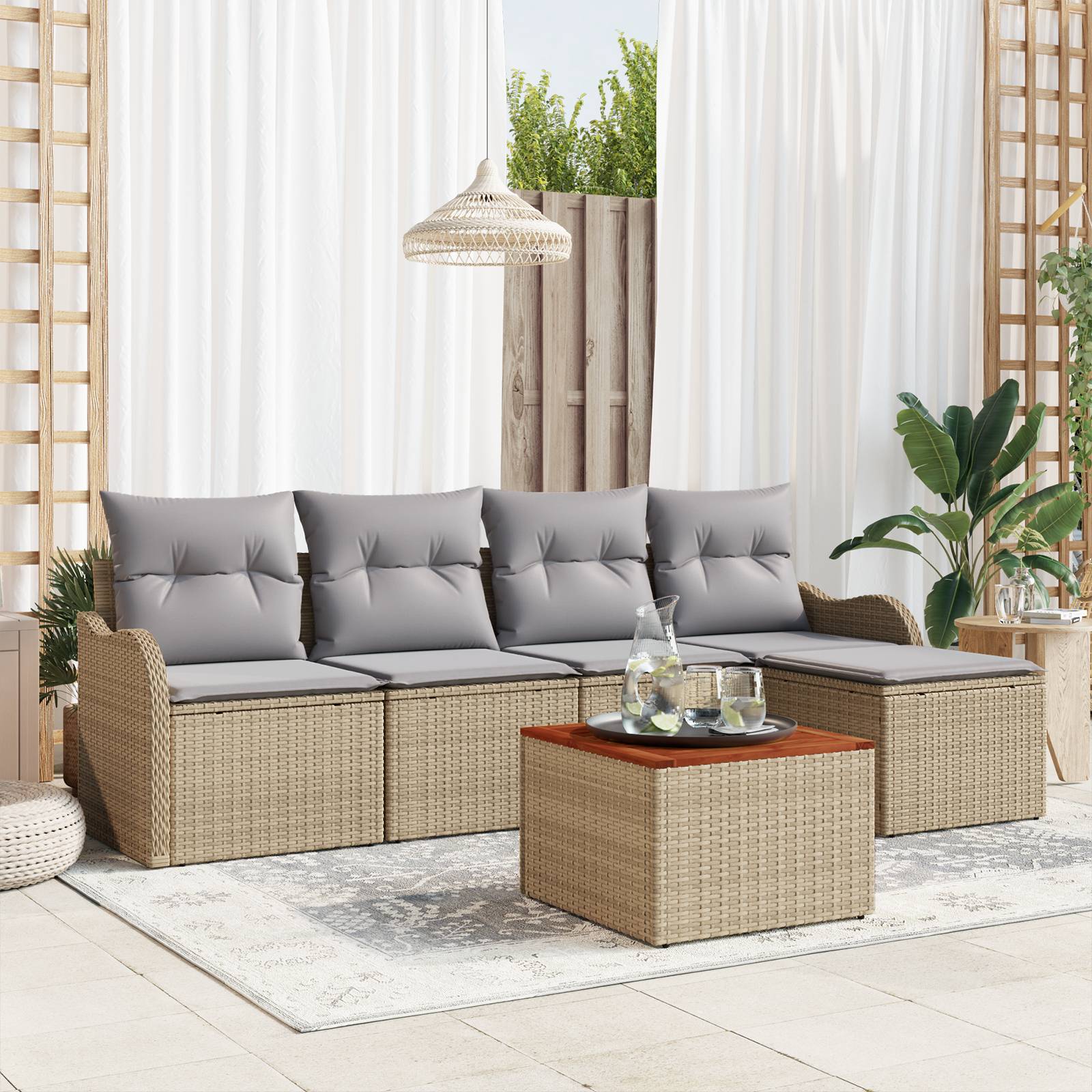 vidaXL 6-teiliges Garten Sofa Set mit Kissen Beige Poly Rattan Akazie