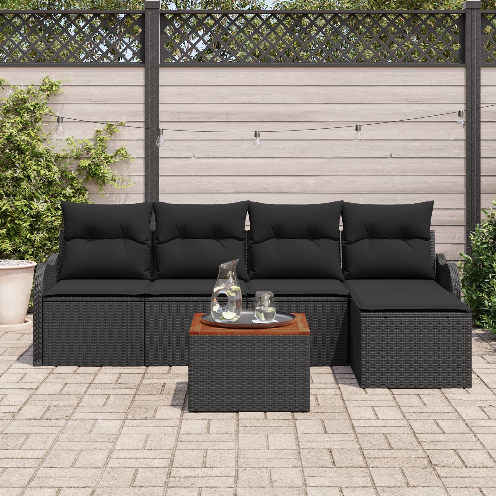 vidaXL 6-teiliges Garten-Sofa-Set mit Kissen Schwarz Poly Rattan Akazie