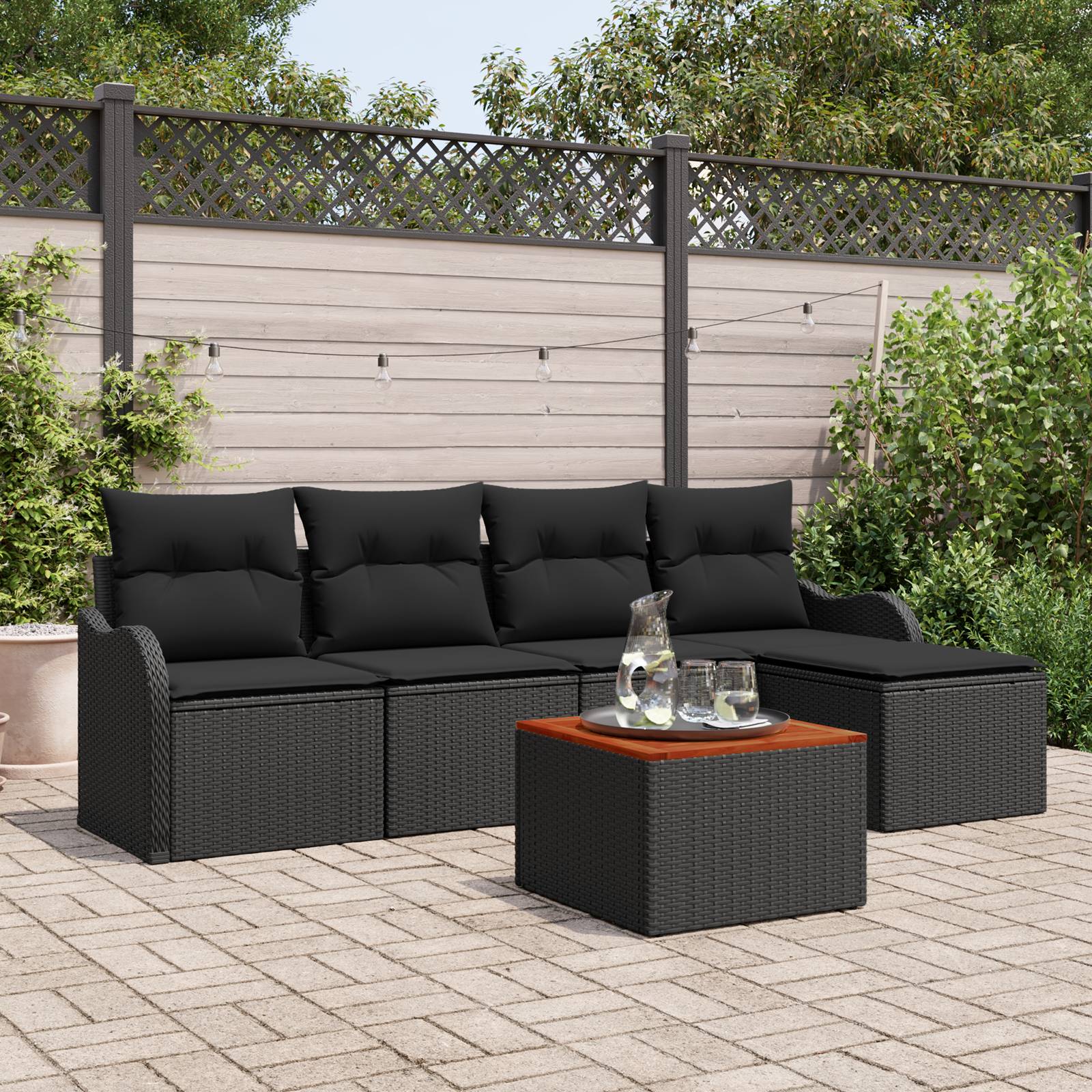 vidaXL 6-teiliges Garten-Sofa-Set mit Kissen Schwarz Poly Rattan Akazie