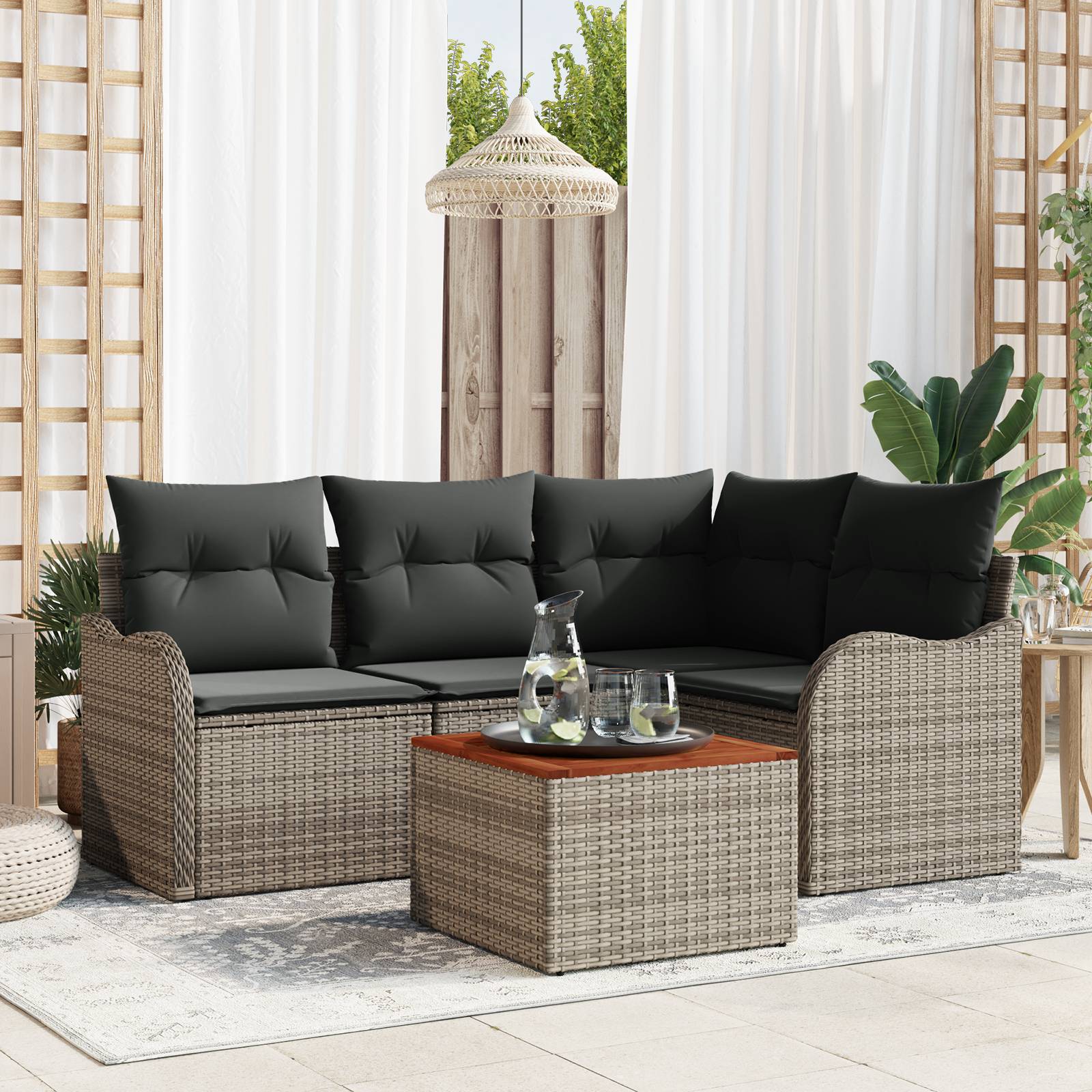 vidaXL 5-teiliges Garten Sofa Set mit Kissen Grau Poly Rattan Akazie