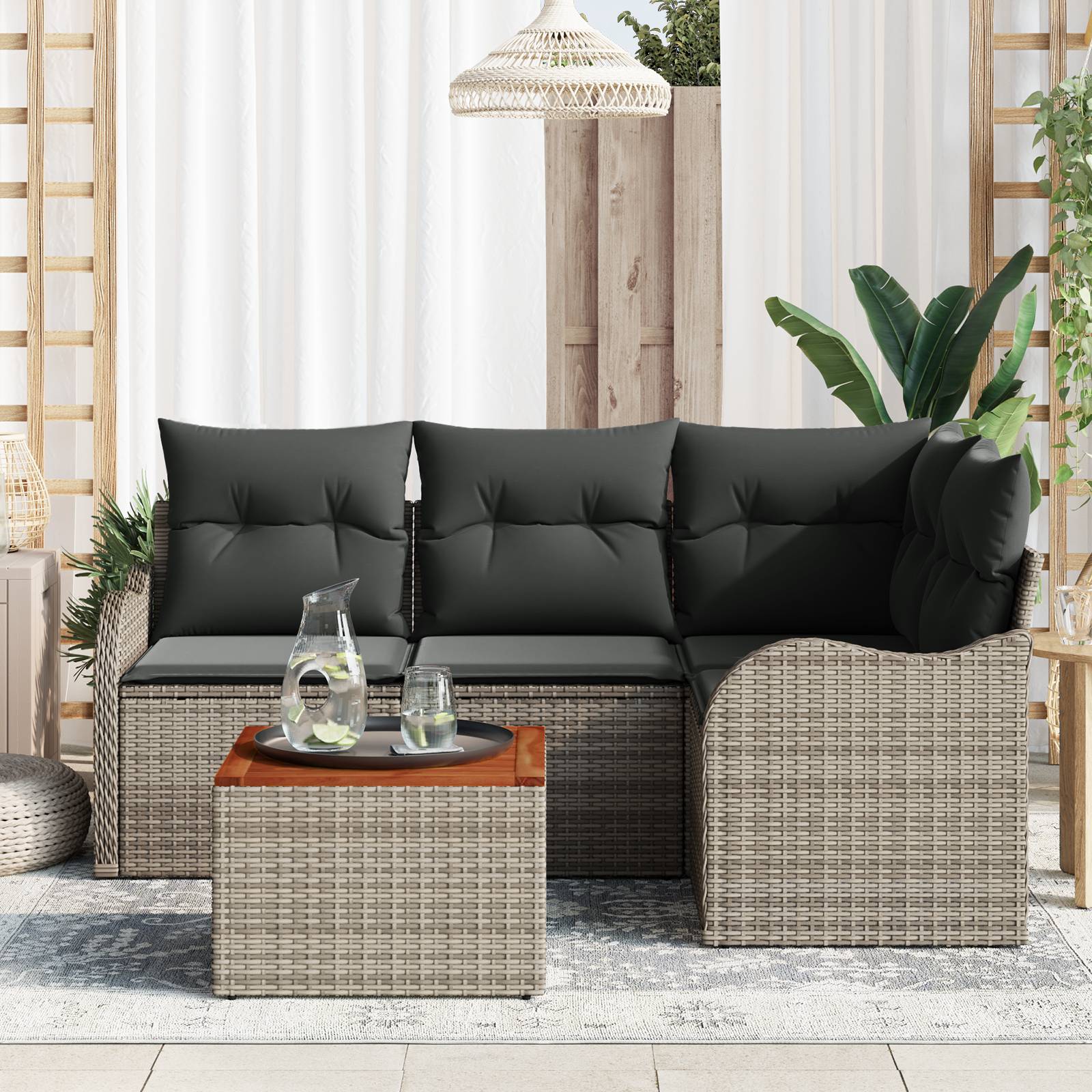 vidaXL 5-teiliges Garten Sofa Set mit Kissen Grau Poly Rattan Akazie