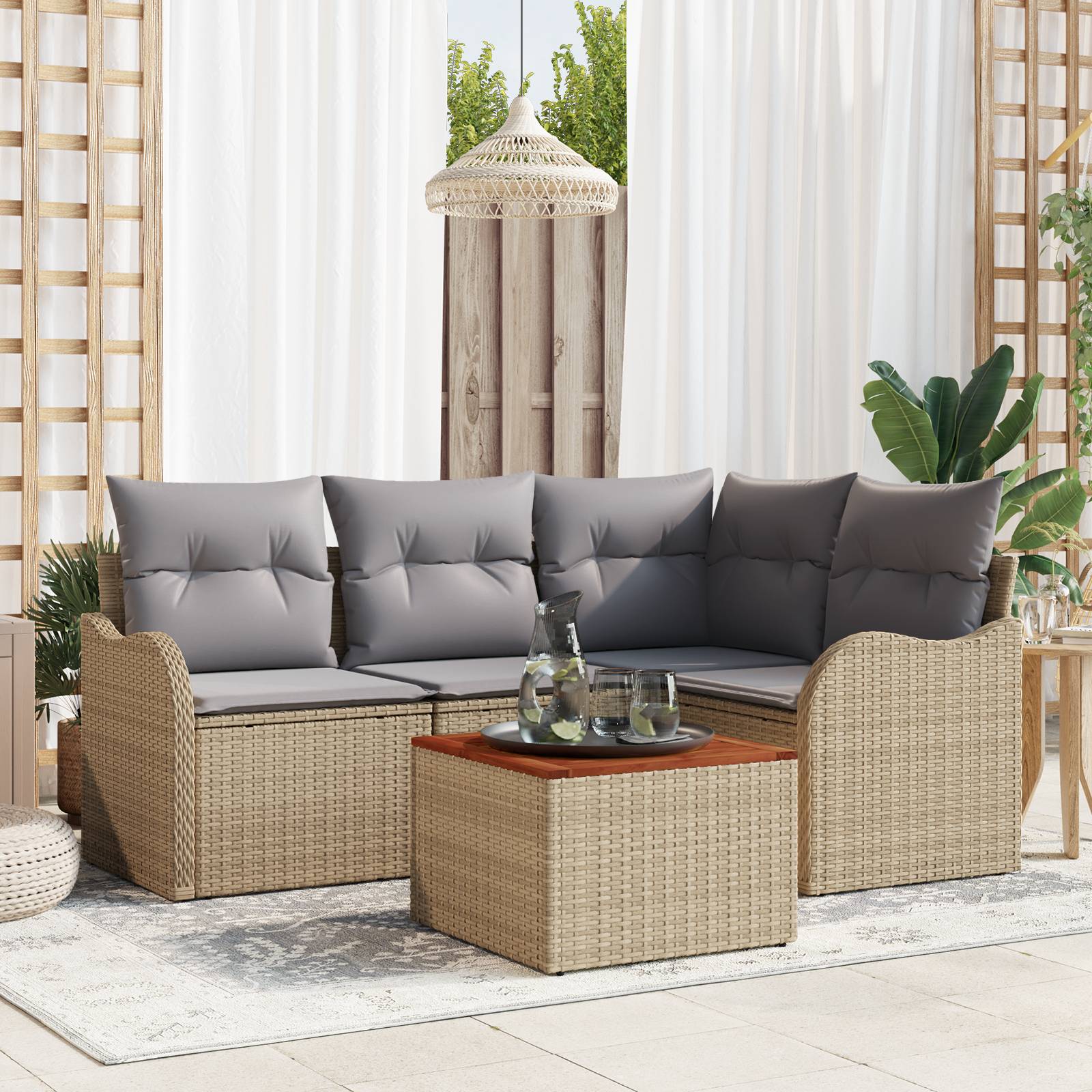 vidaXL 5-teiliges Garten Sofa Set mit Kissen Beige Poly Rattan Akazie