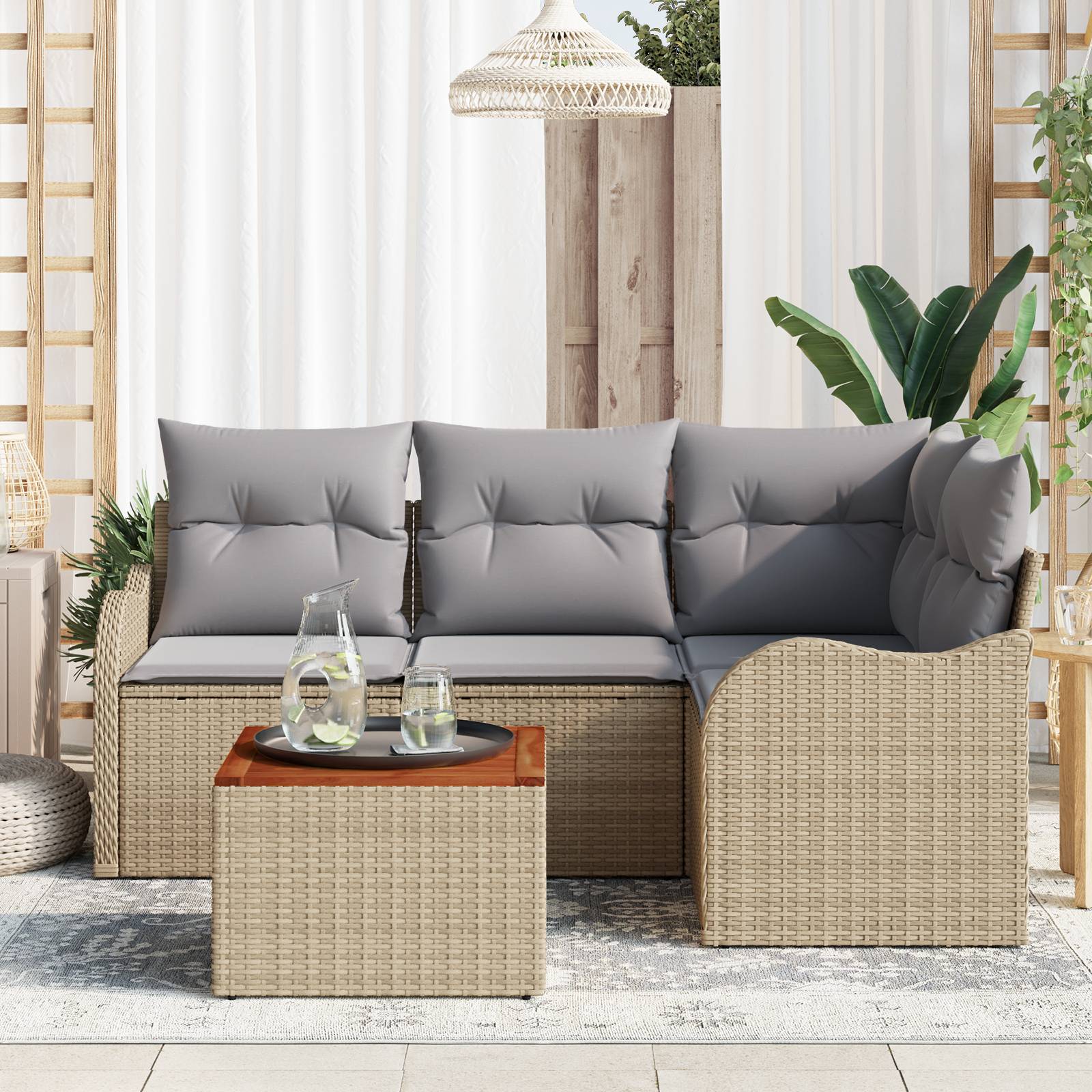 vidaXL 5-teiliges Garten Sofa Set mit Kissen Beige Poly Rattan Akazie
