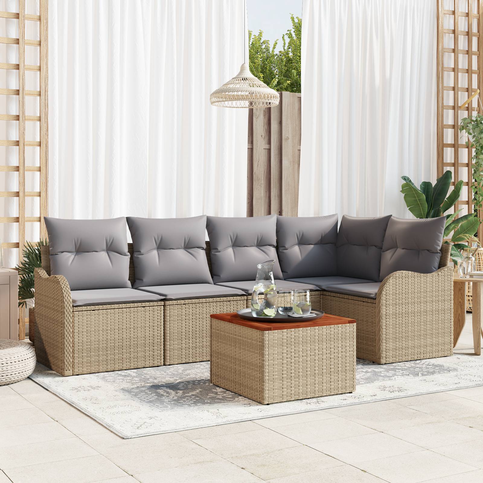 vidaXL 6-teiliger Garten Sofa Set mit Kissen Beige Poly Rattan Akazie