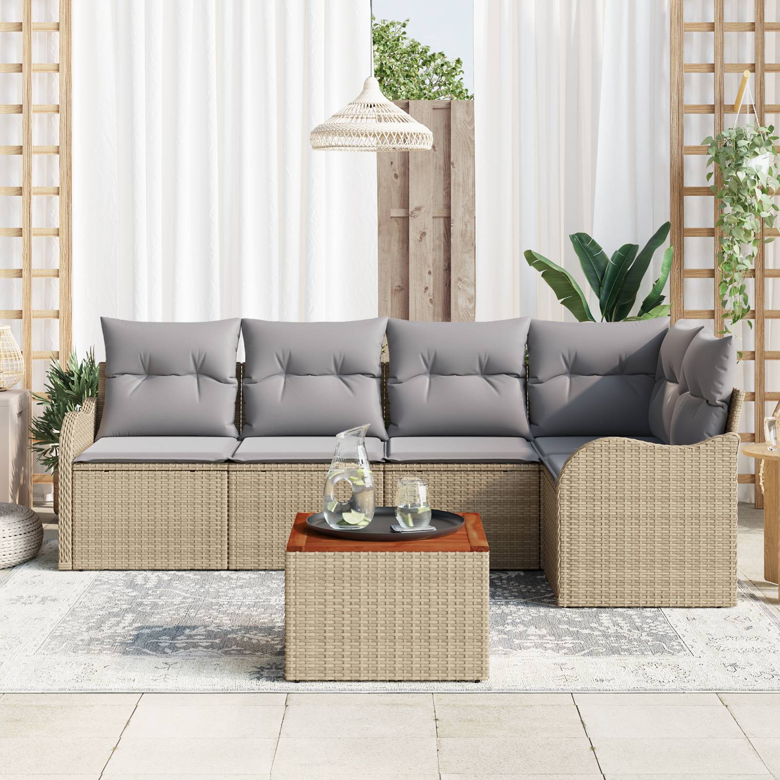 vidaXL 6-teiliger Garten Sofa Set mit Kissen Beige Poly Rattan Akazie