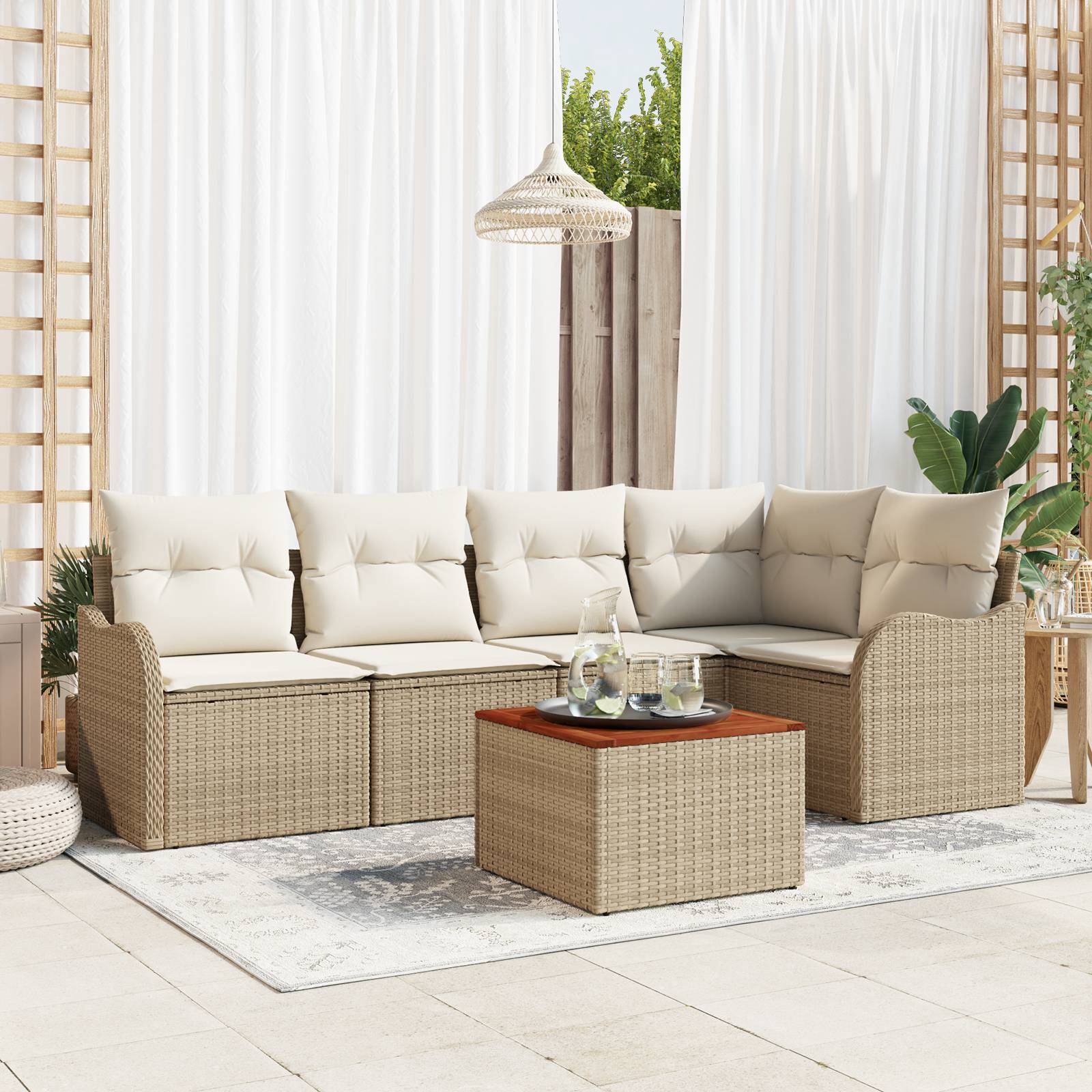 vidaXL 6-teiliges Garten sofa Set mit Kissen Beige Poly Rattan Akazie