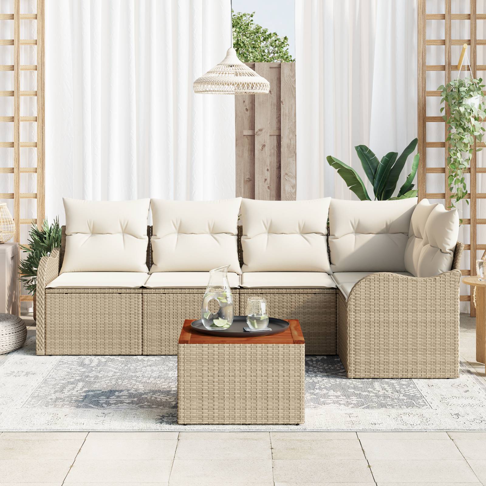 vidaXL 6-teiliges Garten sofa Set mit Kissen Beige Poly Rattan Akazie