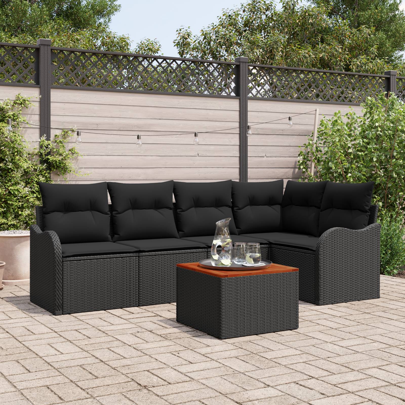 vidaXL 6-teiliges Garten-Sofa-Set mit Kissen Schwarz Poly-Rattan Akazie