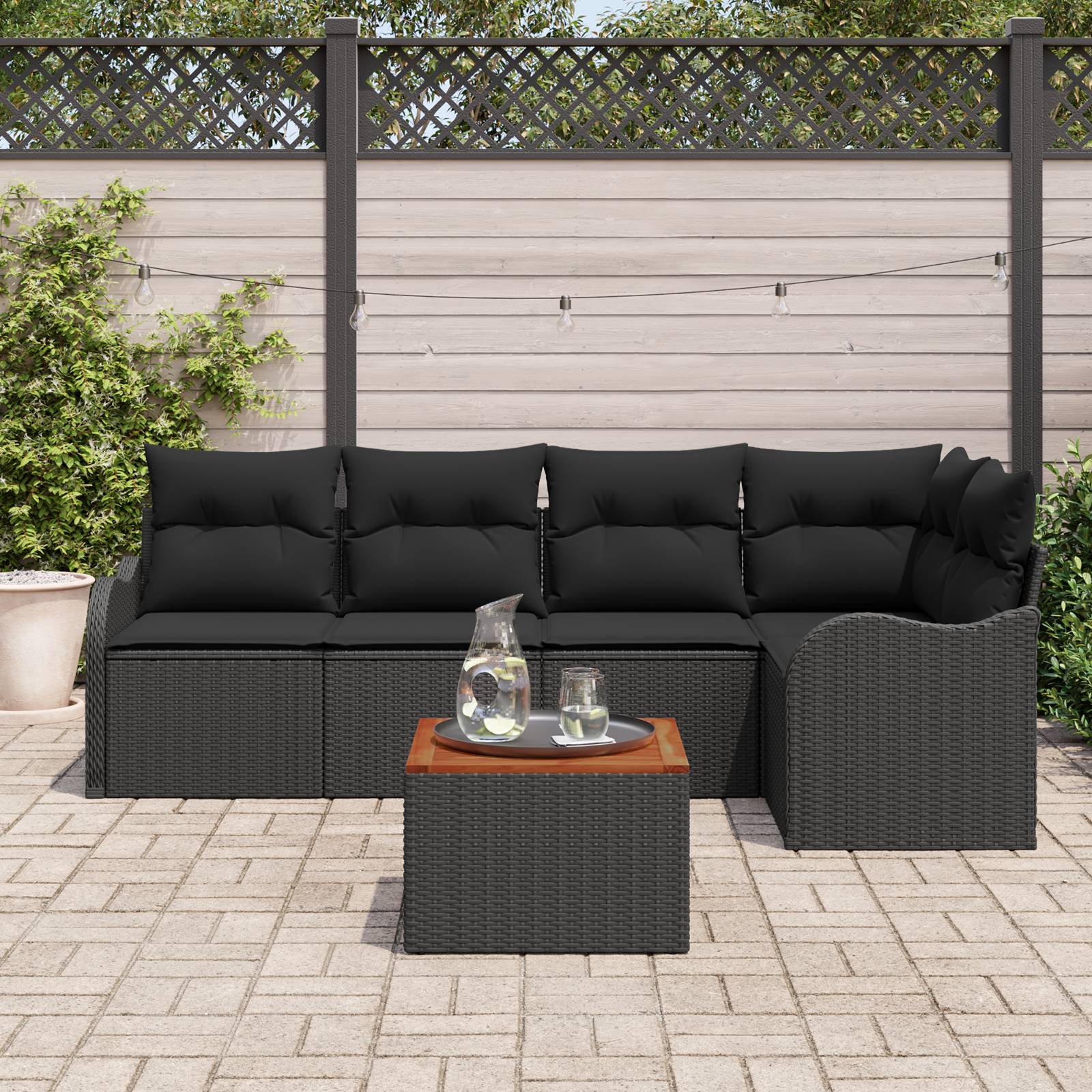 vidaXL 6-teiliges Garten-Sofa-Set mit Kissen Schwarz Poly-Rattan Akazie